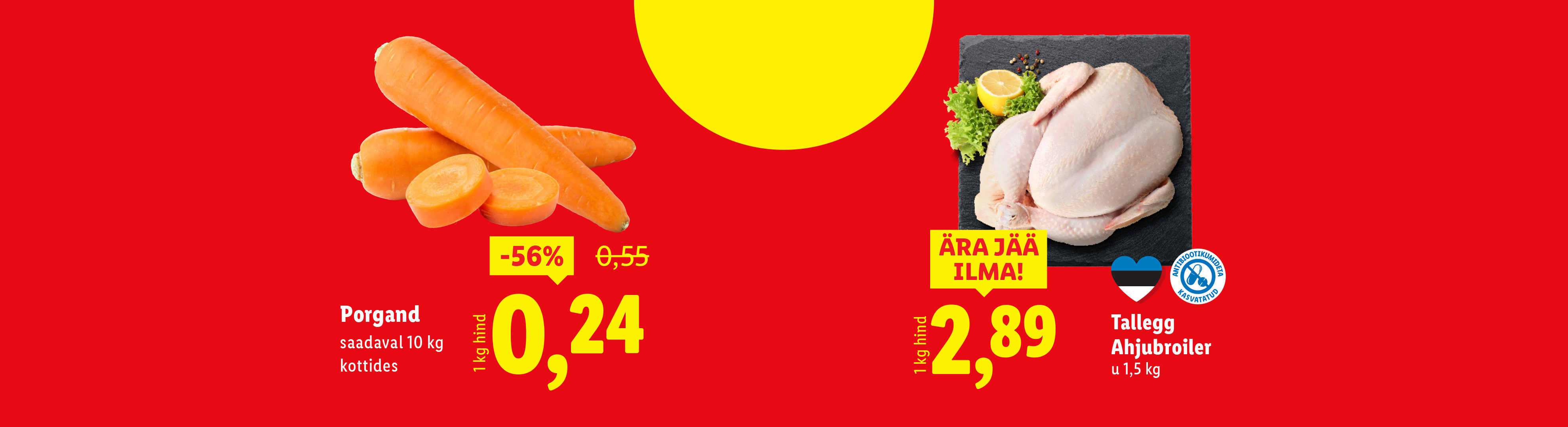 Reklaambänner porgandite ja terve kanaga, hindade ja allahindlustega.