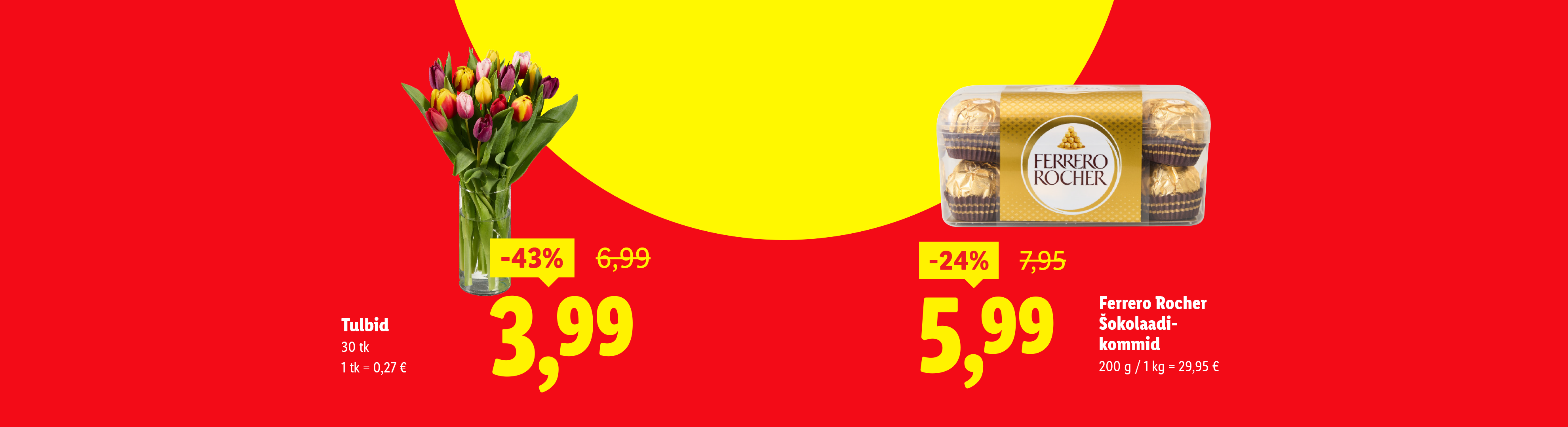 Punane taust kollaste lisanditega, tulbid ja šokolaadikommid allahindlusega.