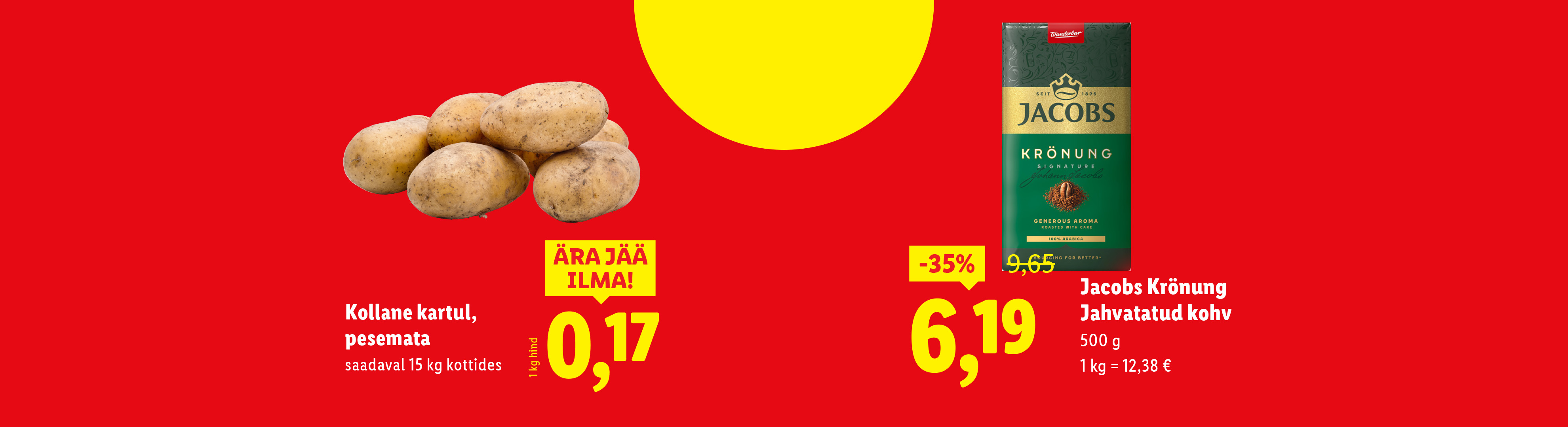 Kollane kartul ja jahvatatud kohv soodushinnaga punasel taustal.