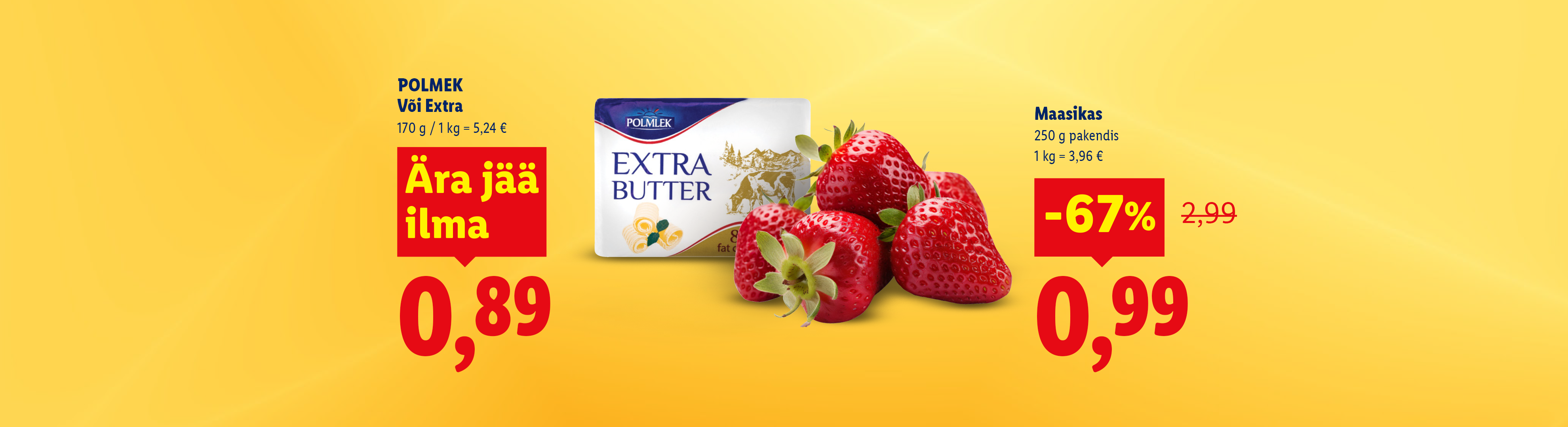 Акция на масло и клубнику на желтом фоне.