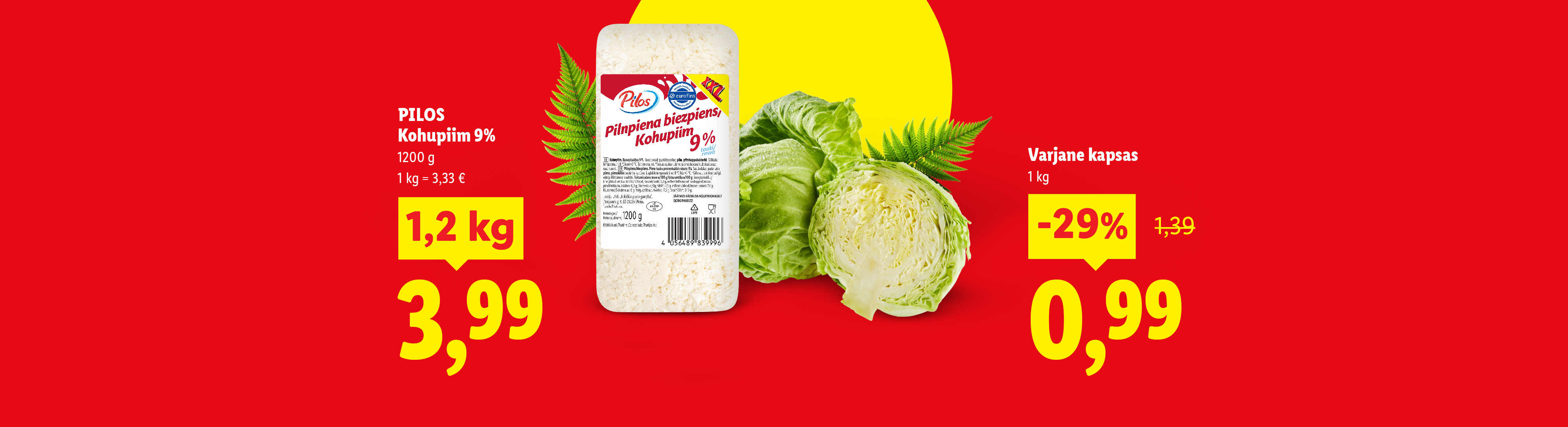 Kohupiim 9% ja kapsas soodushinnaga punasel taustal.