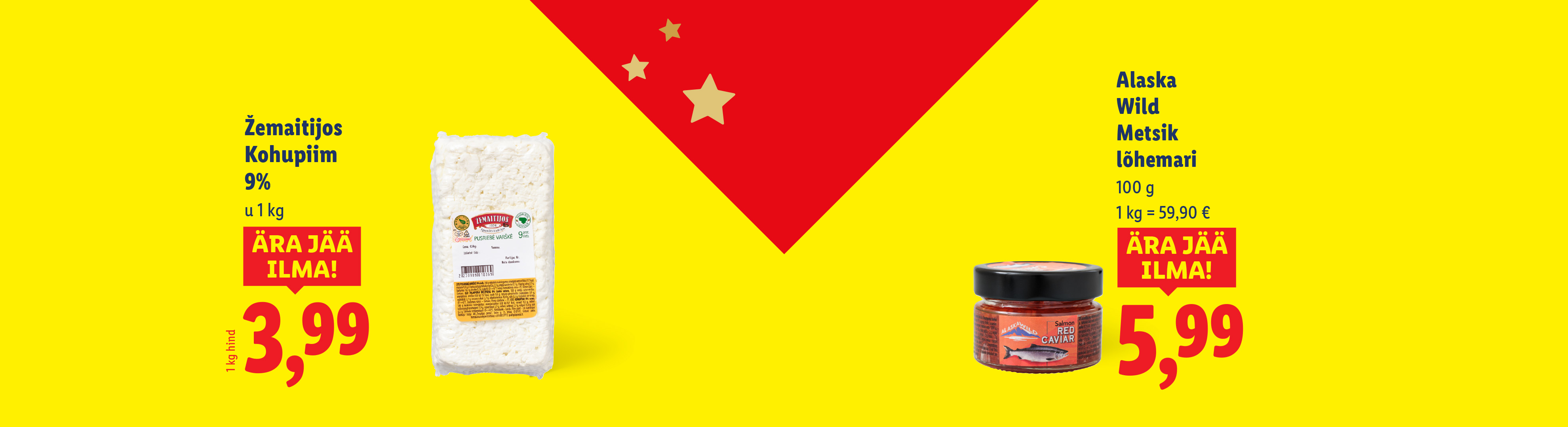 Рекламный баннер Lidl с творогом Žemaitijos и икрой лосося Alaska Wild.