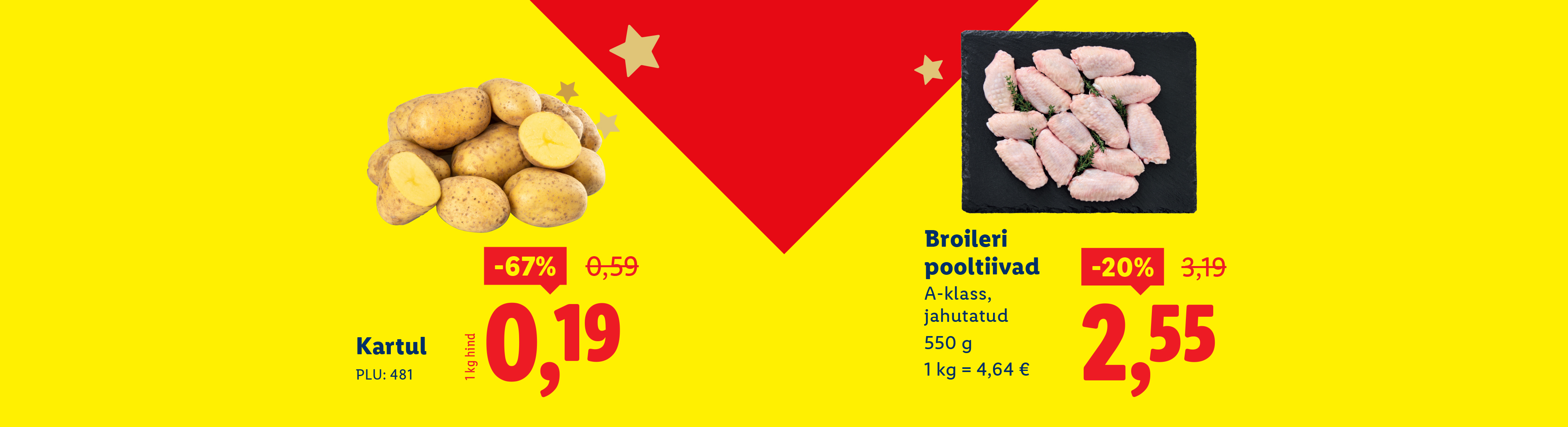 Рекламный баннер Lidl с картофелем и куриными крылышками со скидкой.