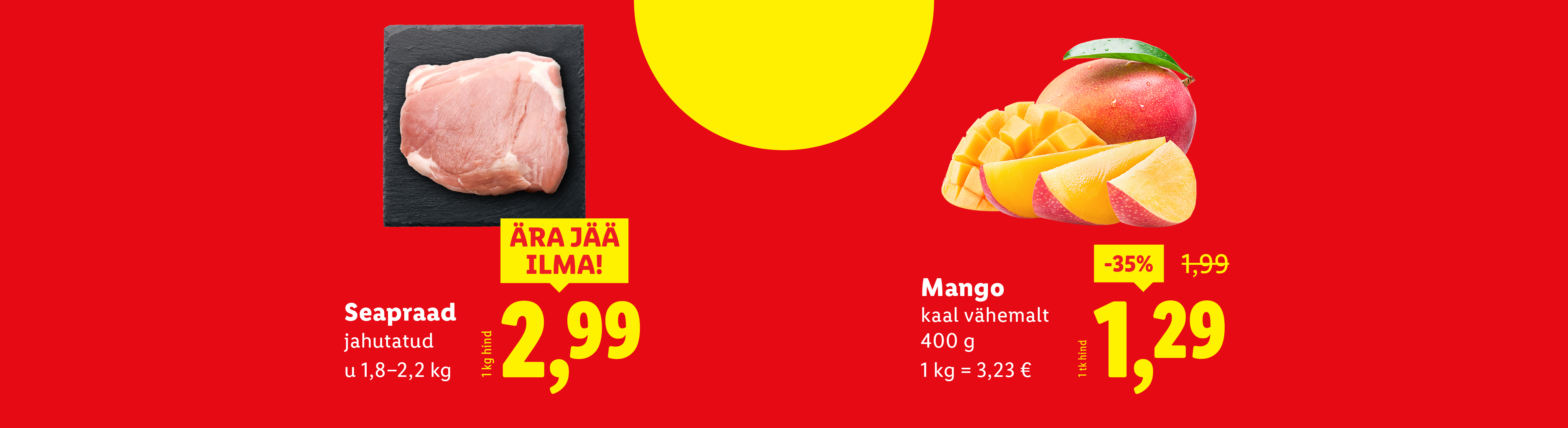Красный фон с желтым кругом, на котором изображены свинина и манго по сниженным ценам.
