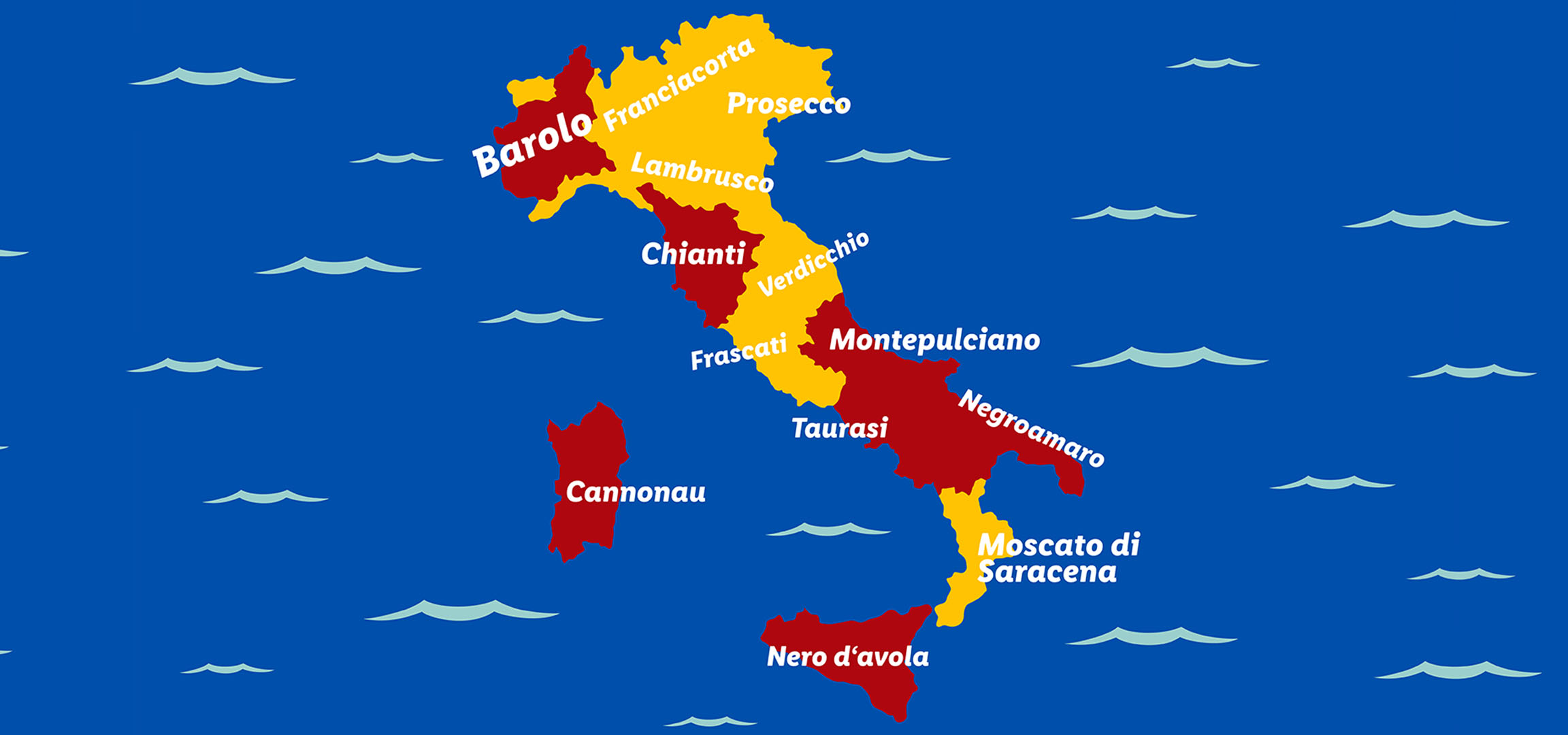 Itaalia veinipiirkondade kaart Barolo, Prosecco, Chianti ja Nero d'Avola esiletõstmisega.