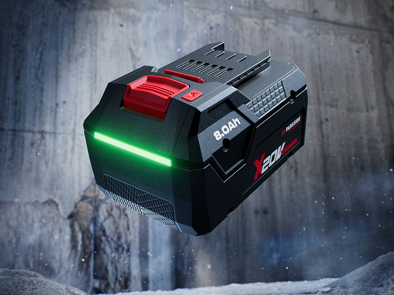 Parkside X 20V Team 8.0Ah aku eredalt rohelise laadimise indikaatoriga.