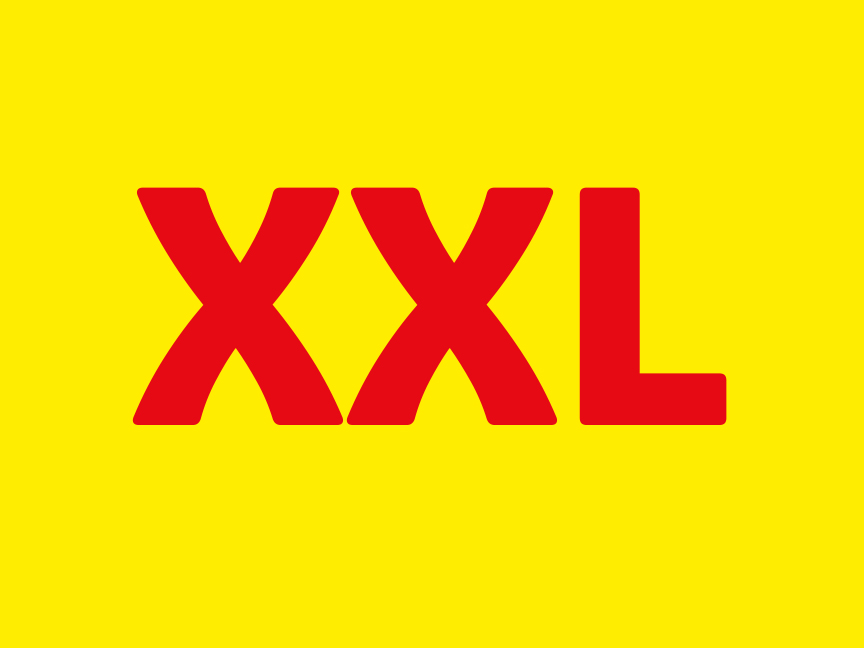 Красный логотип XXL на желтом фоне.