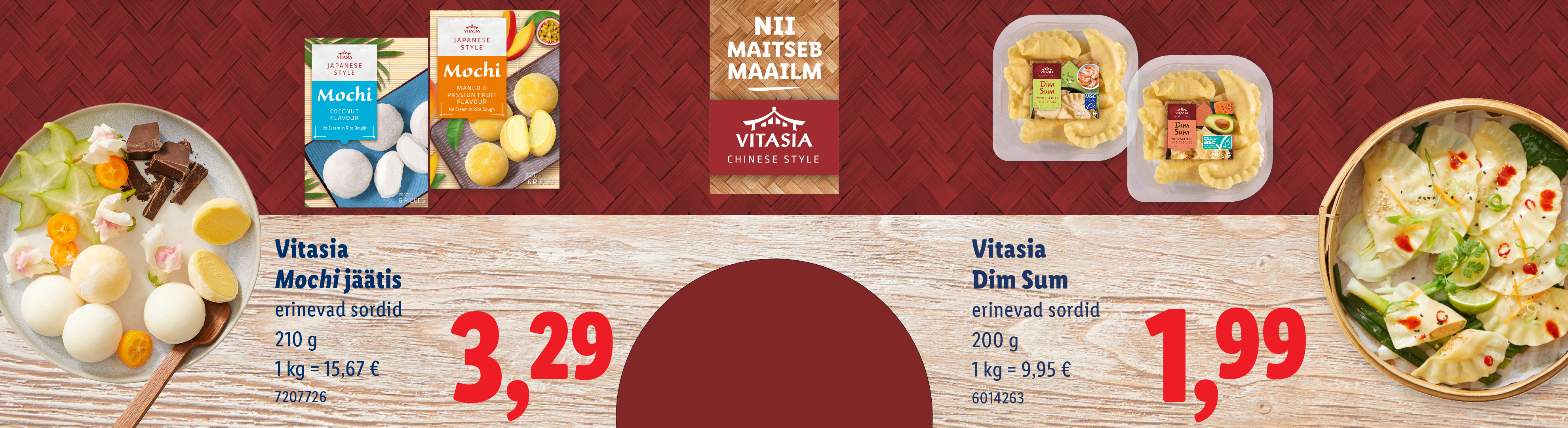 Vitasia Mochi jäätis (erinevad maitsed) 210g, 3,29€.