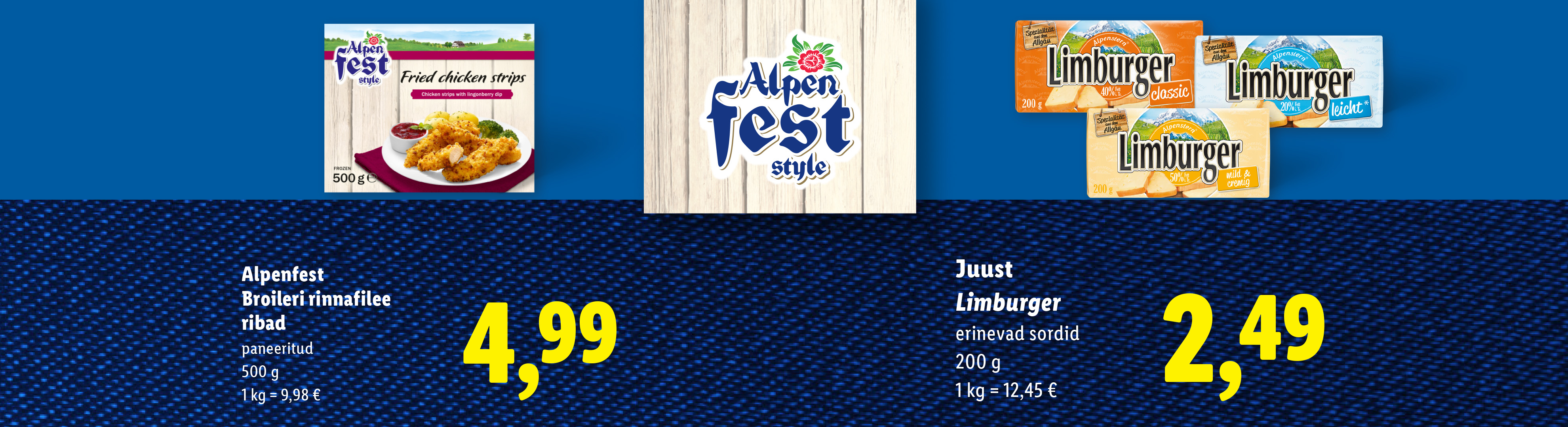 Alpenfesti kanaribade pakend koos hinna ja tooteteabega.