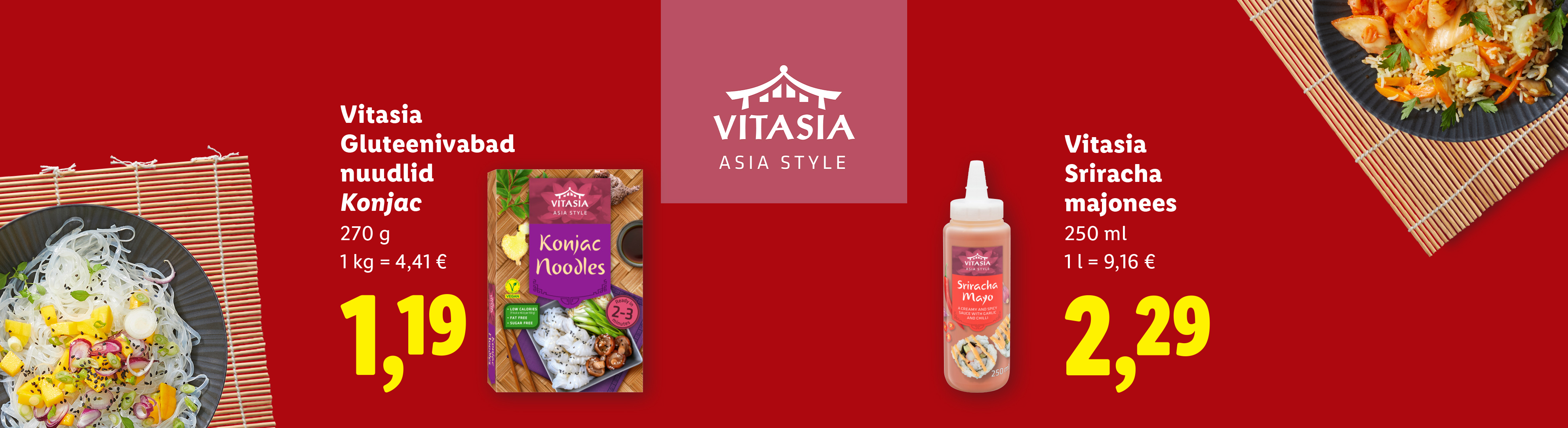 Vitasia Konjac nuudlid ja Vitasia Sriracha majonees punasel taustal.