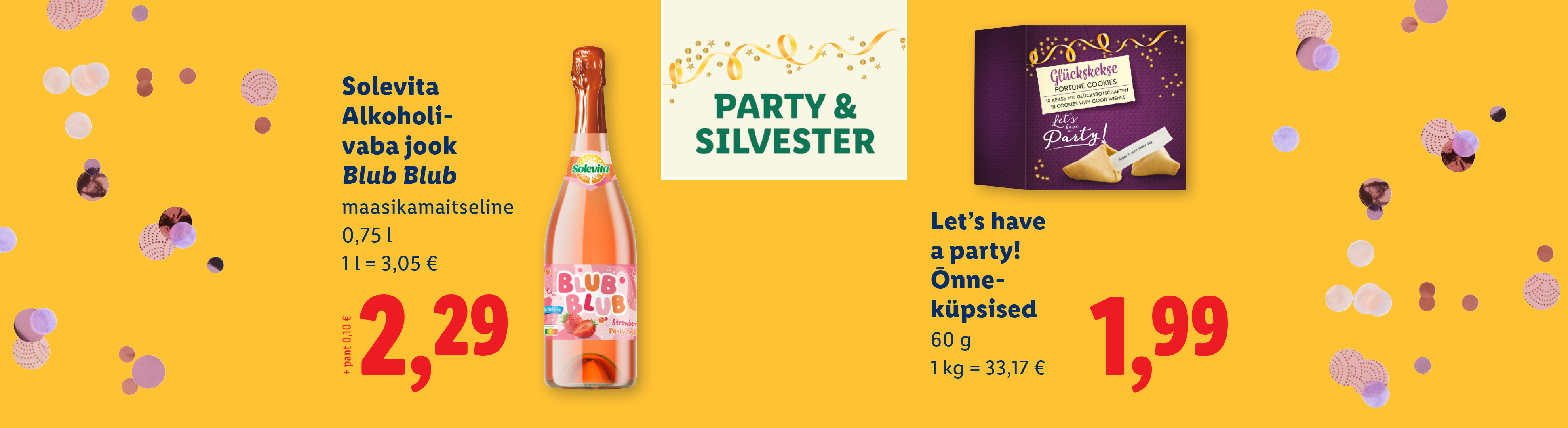 Reklaamplakat alkoholivaba joogi Blub Blub ja õnneküpsistega.