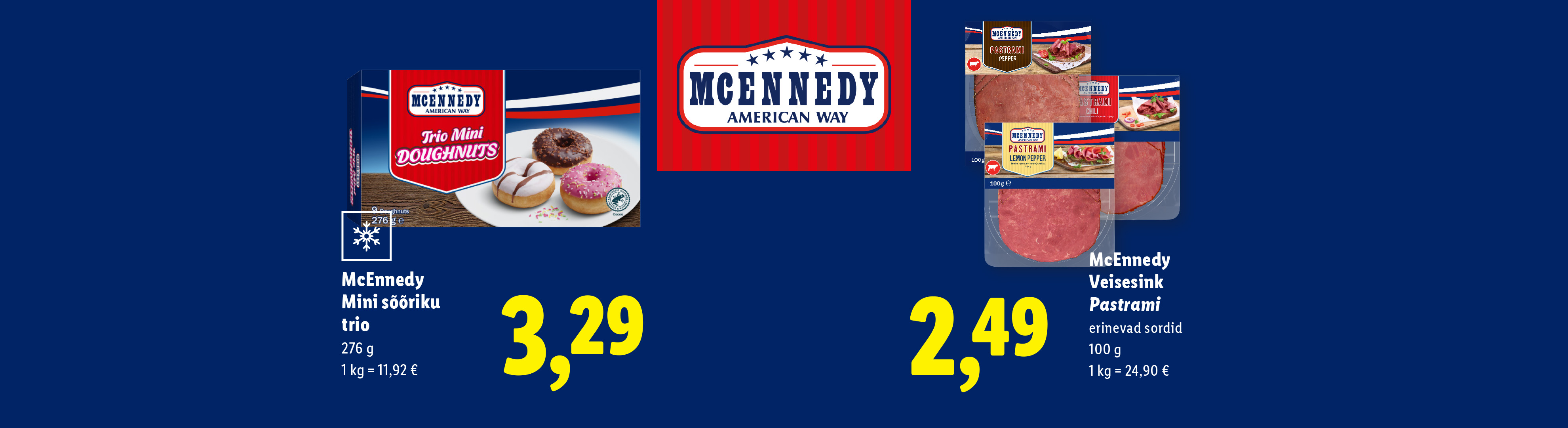 Упаковки мини-пончиков и мясных нарезок на синем фоне с ценами.