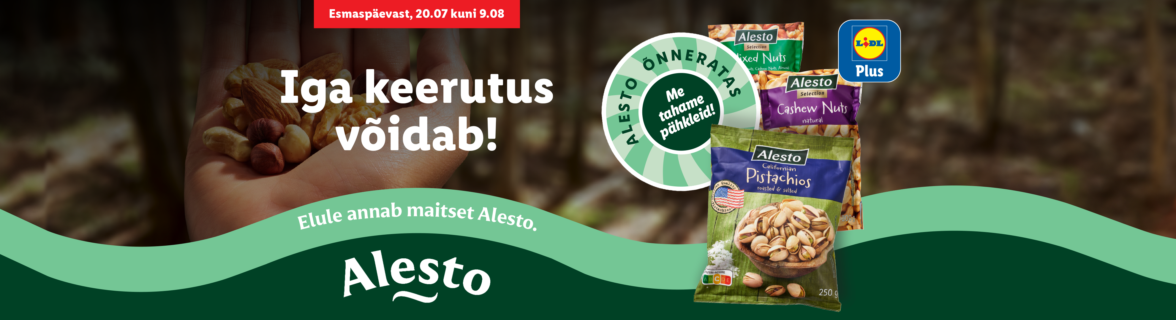 Käes hoitakse pähkleid, taustal on pähklipakid ja tekst 'Iga keerutus võidab!' ja 'Elule annab maitset Alesto.'