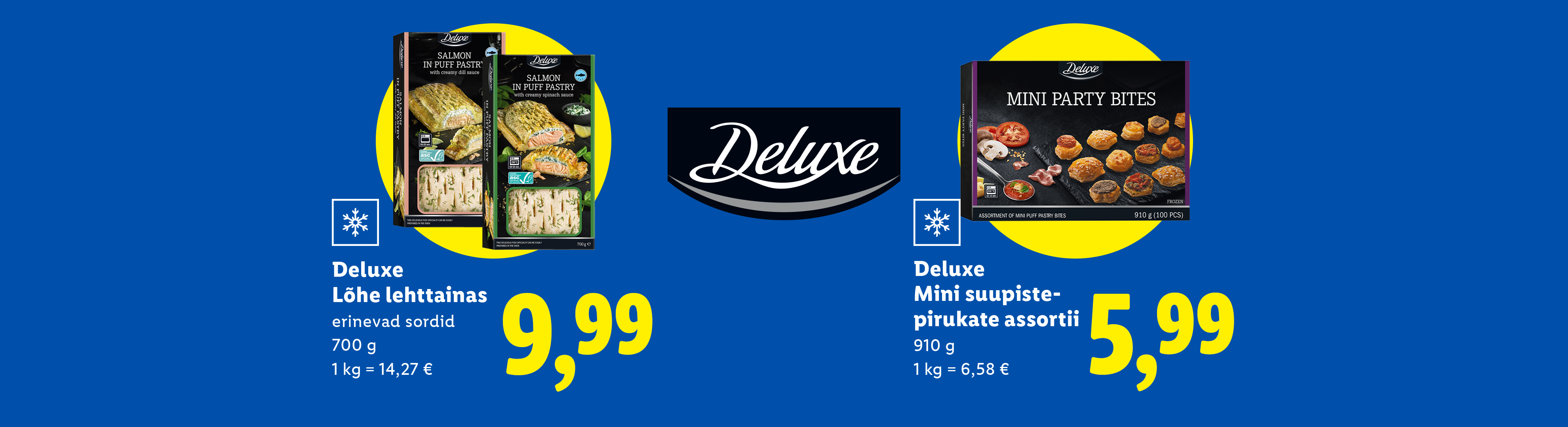 Kaks tüüpi külmutatud suupisteid: lõhe lehttainas ja minisuupisted.