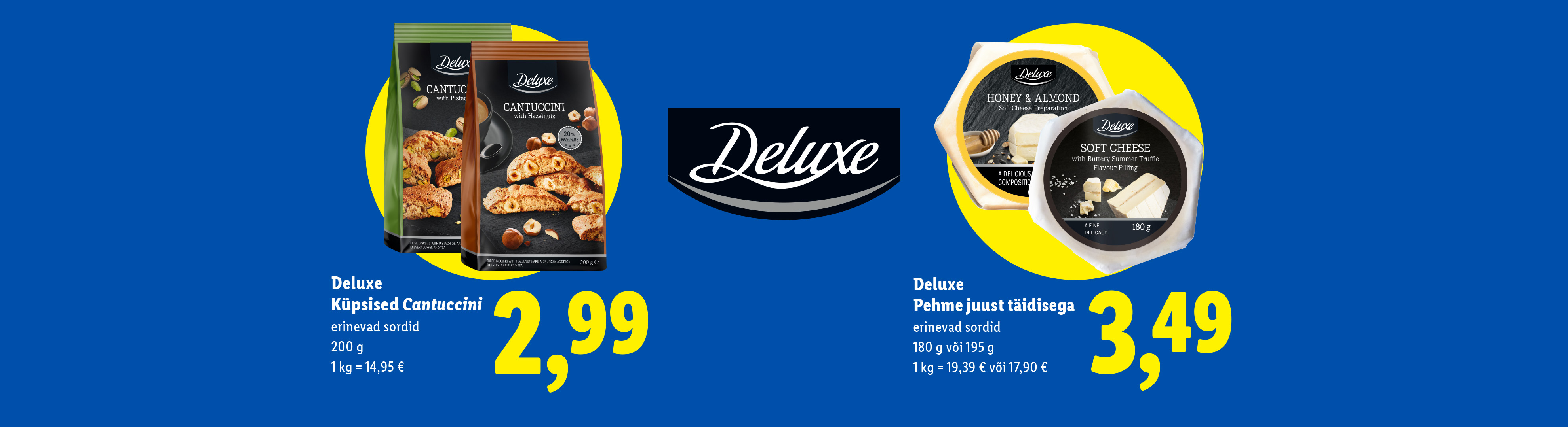 Cantuccini küpsised ja täidisega pehme juust sinisel taustal.