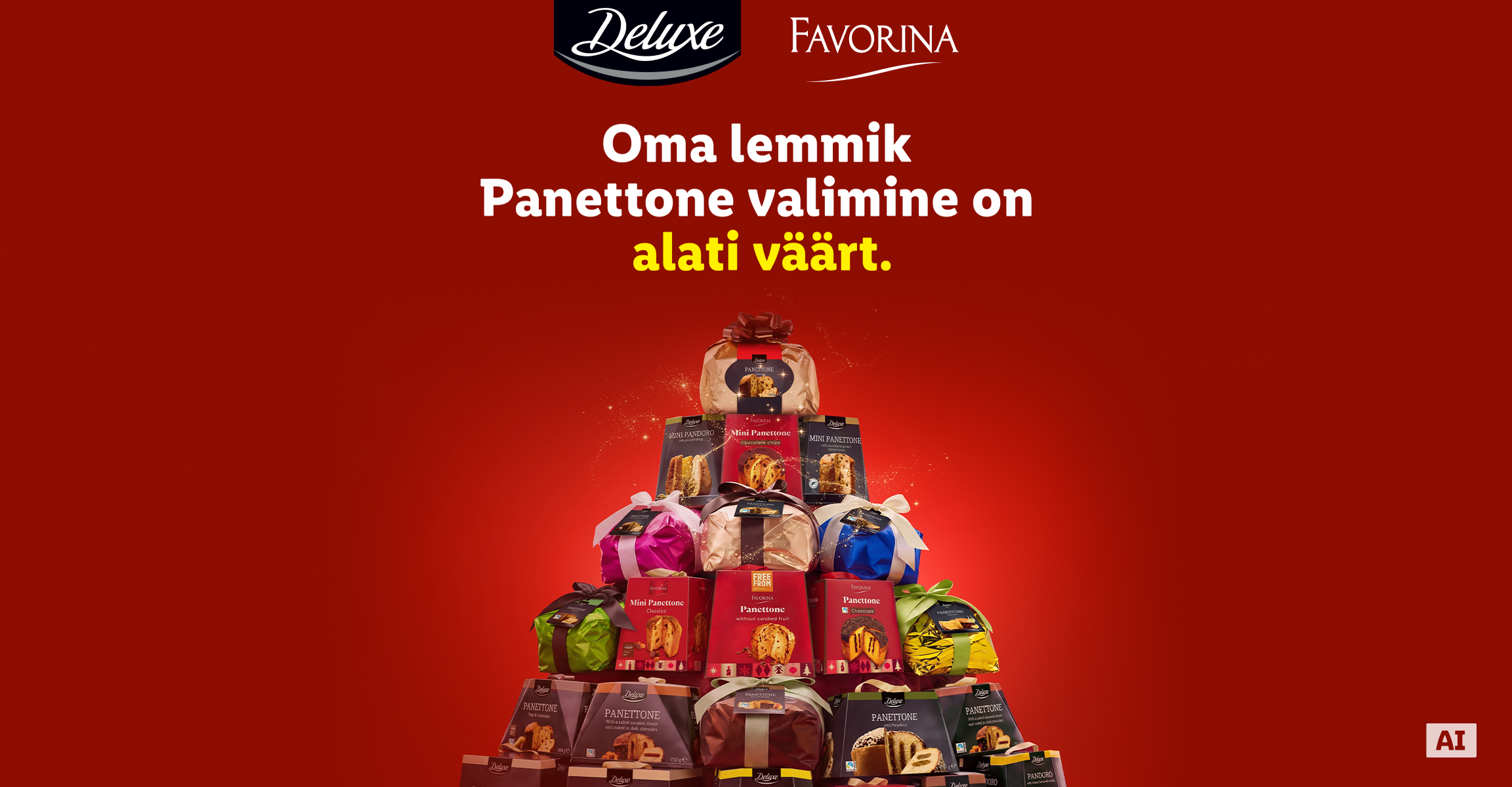 Erinevate panettone kookide püramiid punasel taustal koos eestikeelse tekstiga.