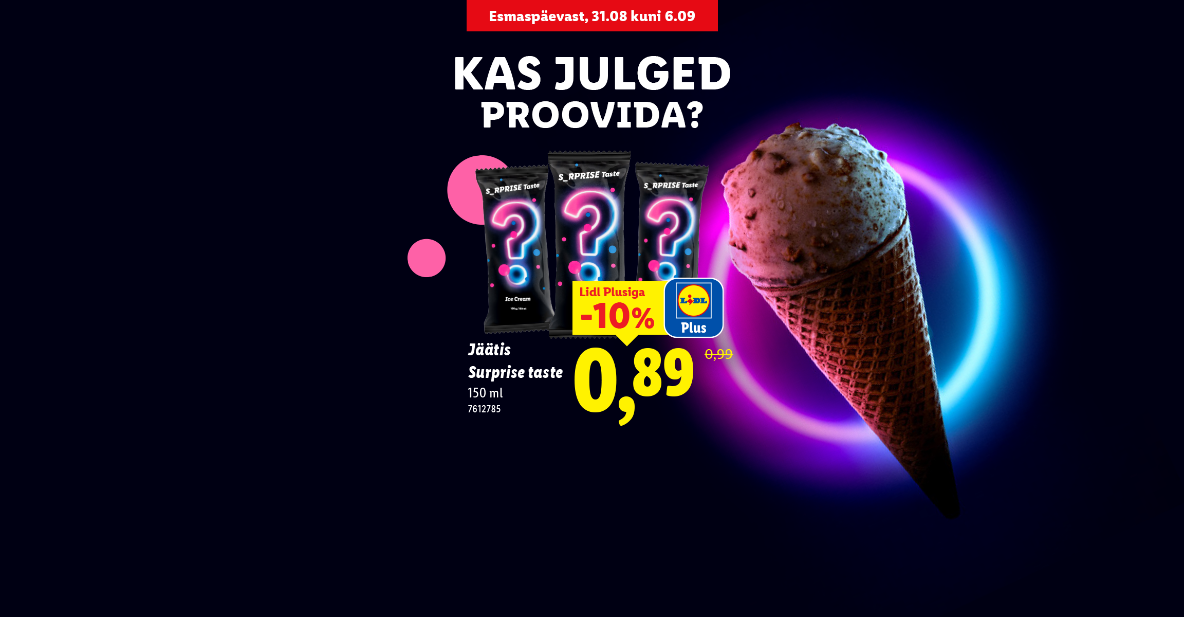 Jäätisekoonus ja kolm üllatusmaitselist jäätist, mis on saadaval ainult Lidlis.
