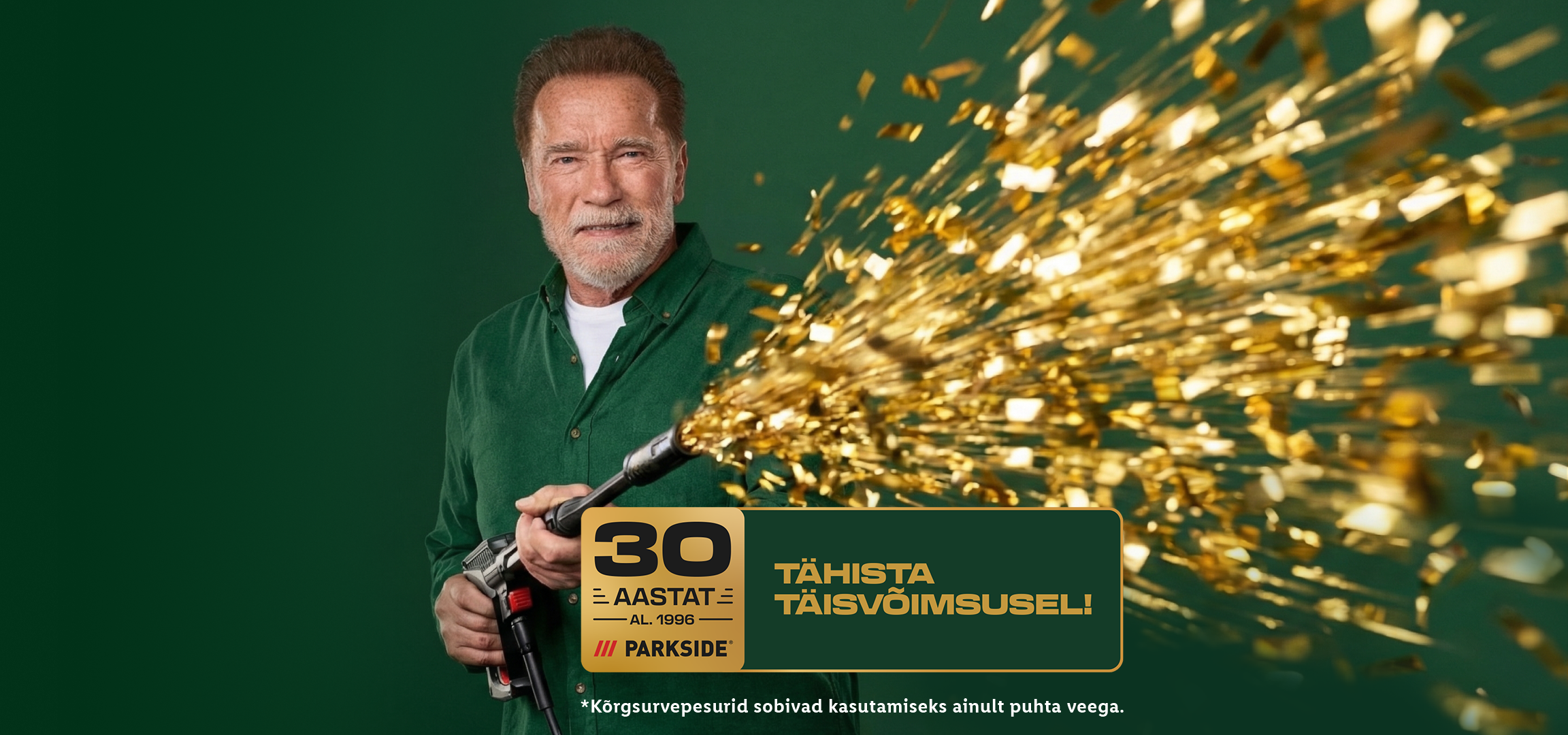 Arnold Schwarzenegger tähistab 30 aastat Parkside'i, kuldse konfetiga.