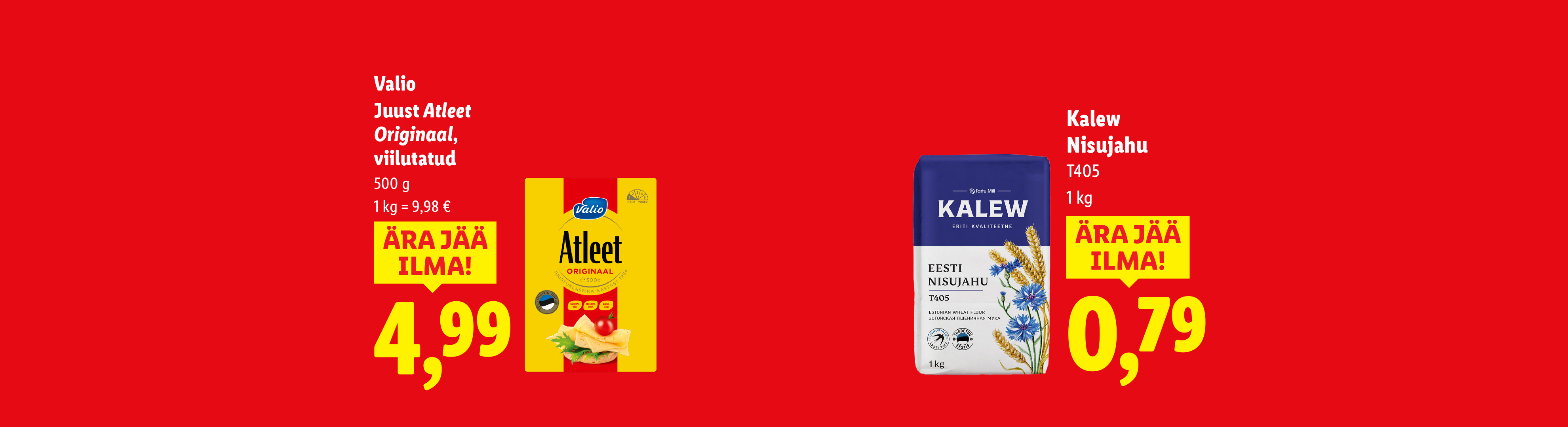 Valio Atleet juust ja Kalev nisujahu punasel taustal.