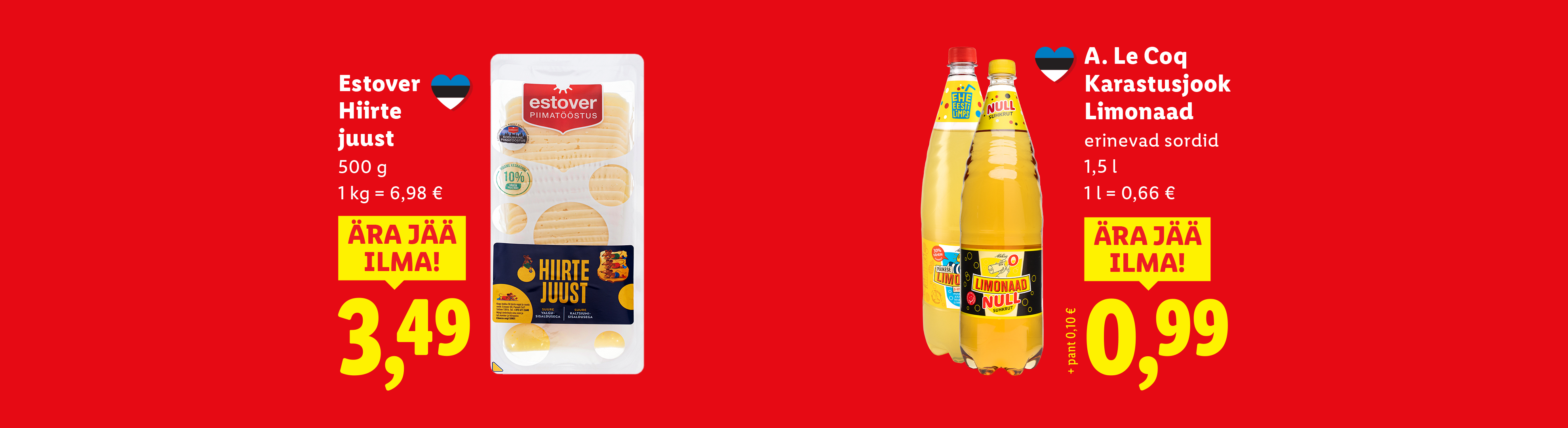 Reklaamplakat Estover Hiirte juustu ja A. Le Coq limonaadiga.
