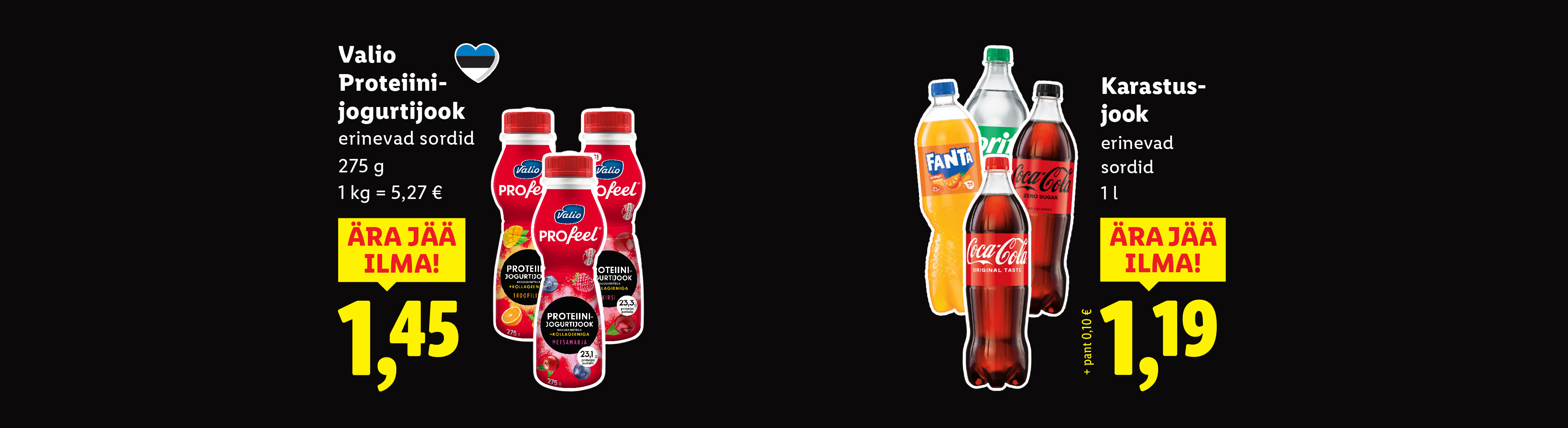 Valio proteiinijogurtijoogid ja Coca-Cola karastusjoogid soodushinnaga.