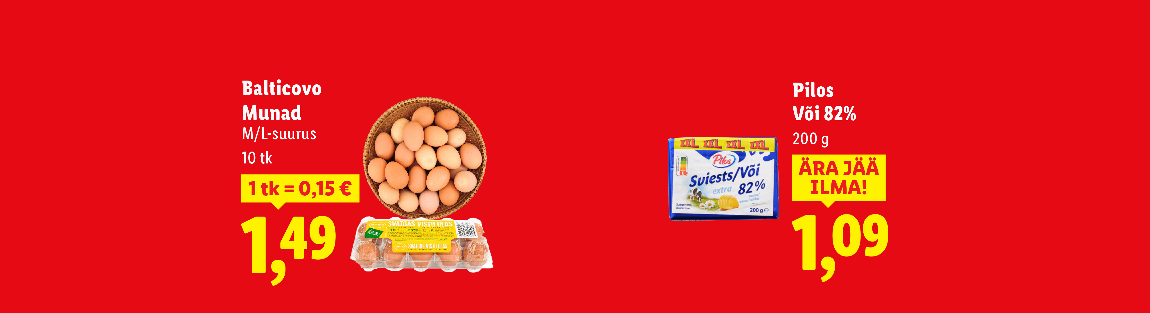 Balticovo munad ja Pilos või eripakkumised punasel taustal.