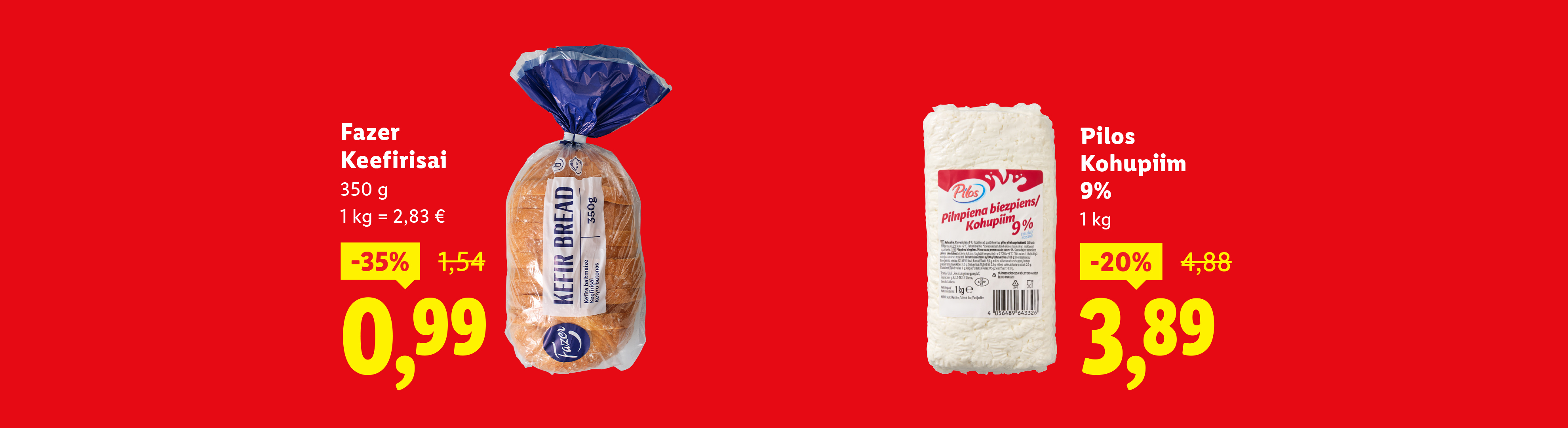 Kaks toodet punasel taustal: viilutatud leib ja kohupiim, mõlemad soodushinnaga.