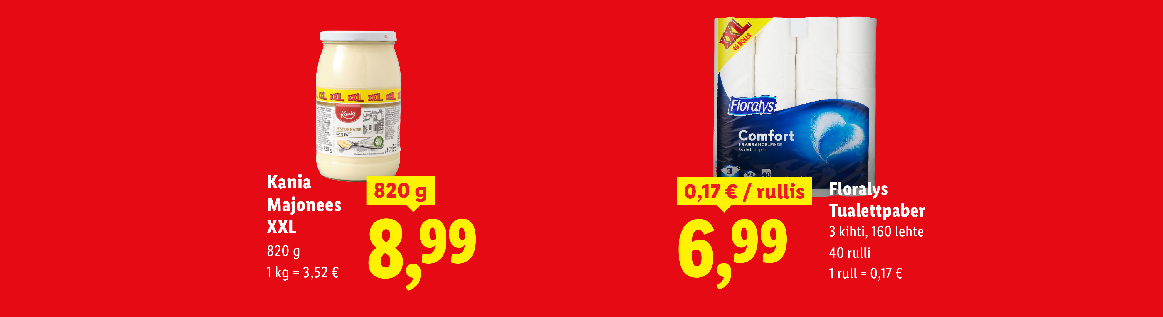 Purgimajonees ja tualettpaberi pakk punasel taustal koos hindadega.