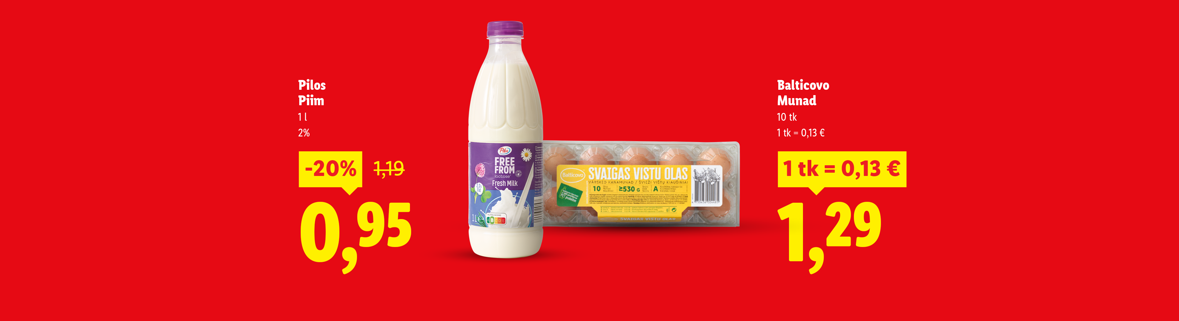 Pudel piima ja pakend mune punasel taustal koos hindade ja allahindlustega.