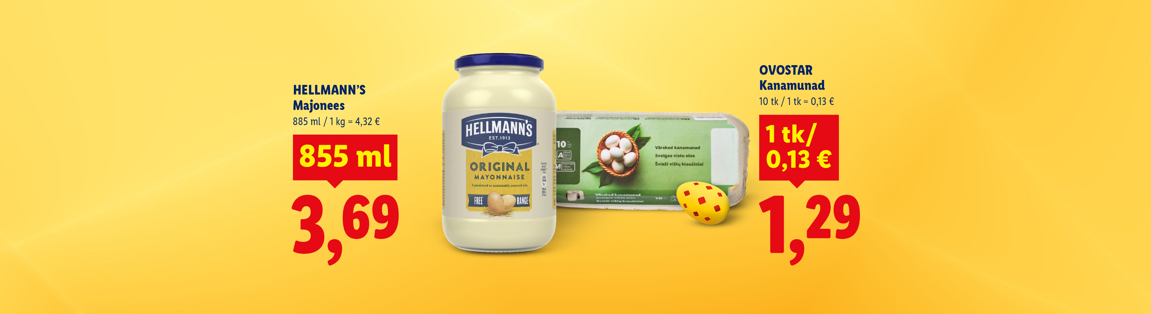 Purgimajonees ja munapakend kollasel taustal koos hindadega.