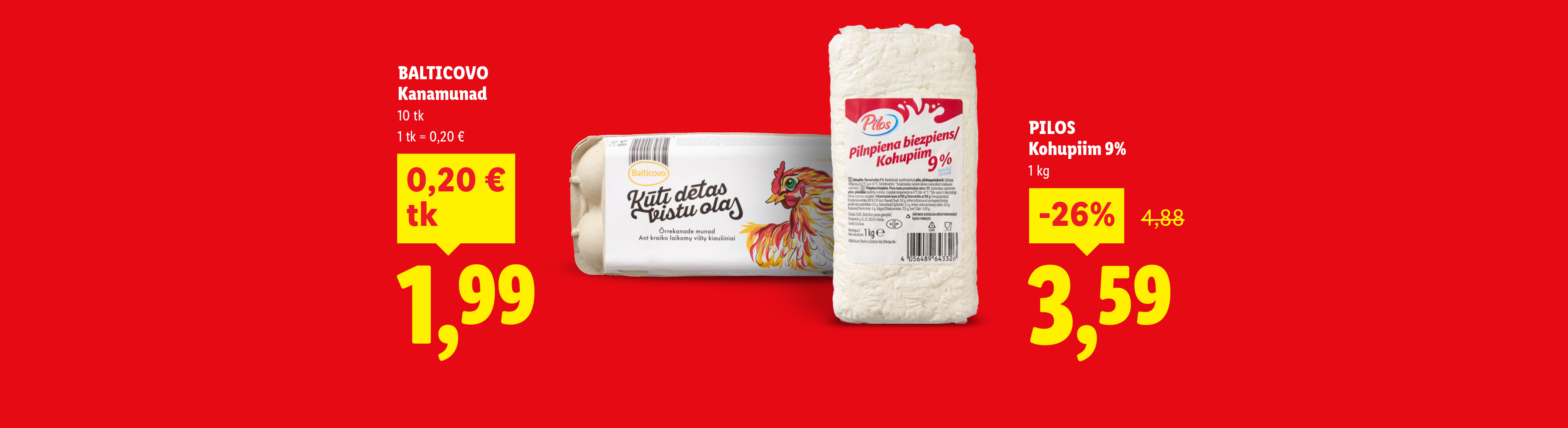 Предложение на яйца и творог, где яйца стоят 1,99 €, а творог 3,59 €.