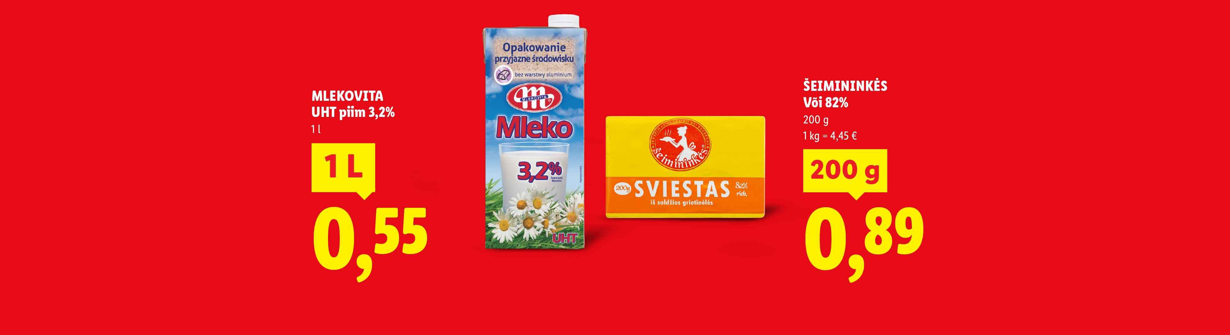Reklaamplakat 3,2% piima ja 82% või pakkumistega.