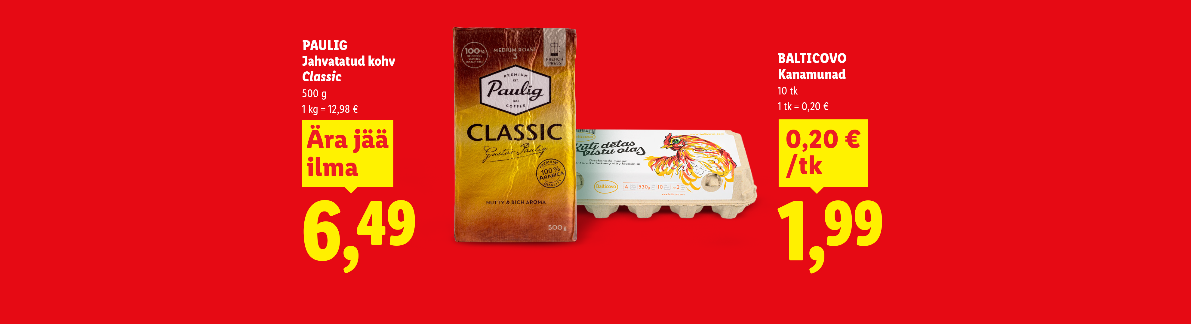 Pakkumine jahvatatud kohvile ja kanamunadele.