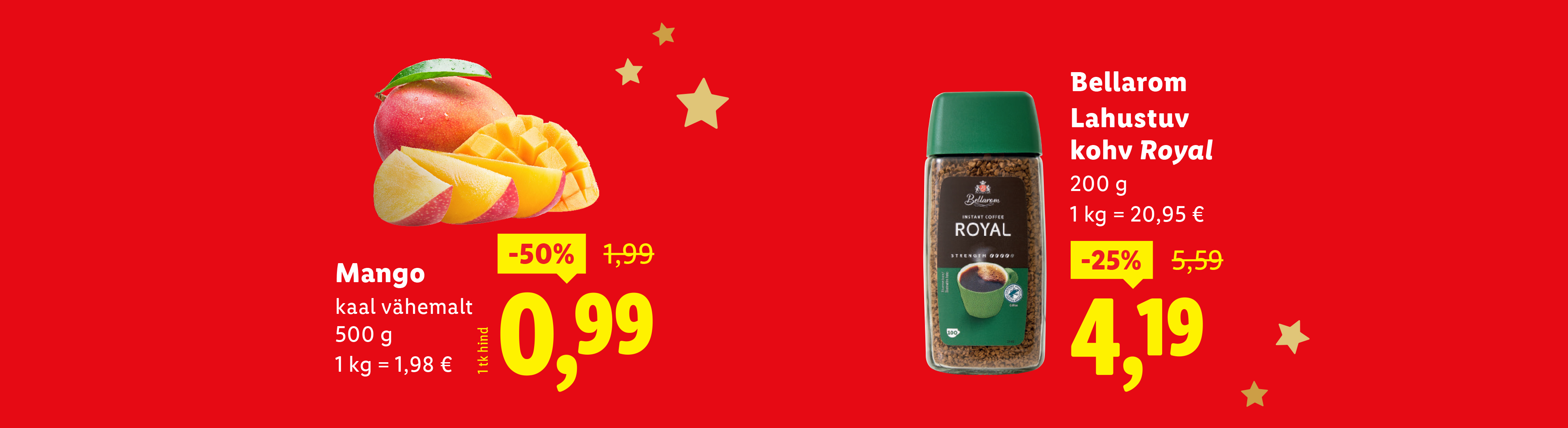 Pakkumine mangole ja lahustuvale kohvile Bellarom Royal.