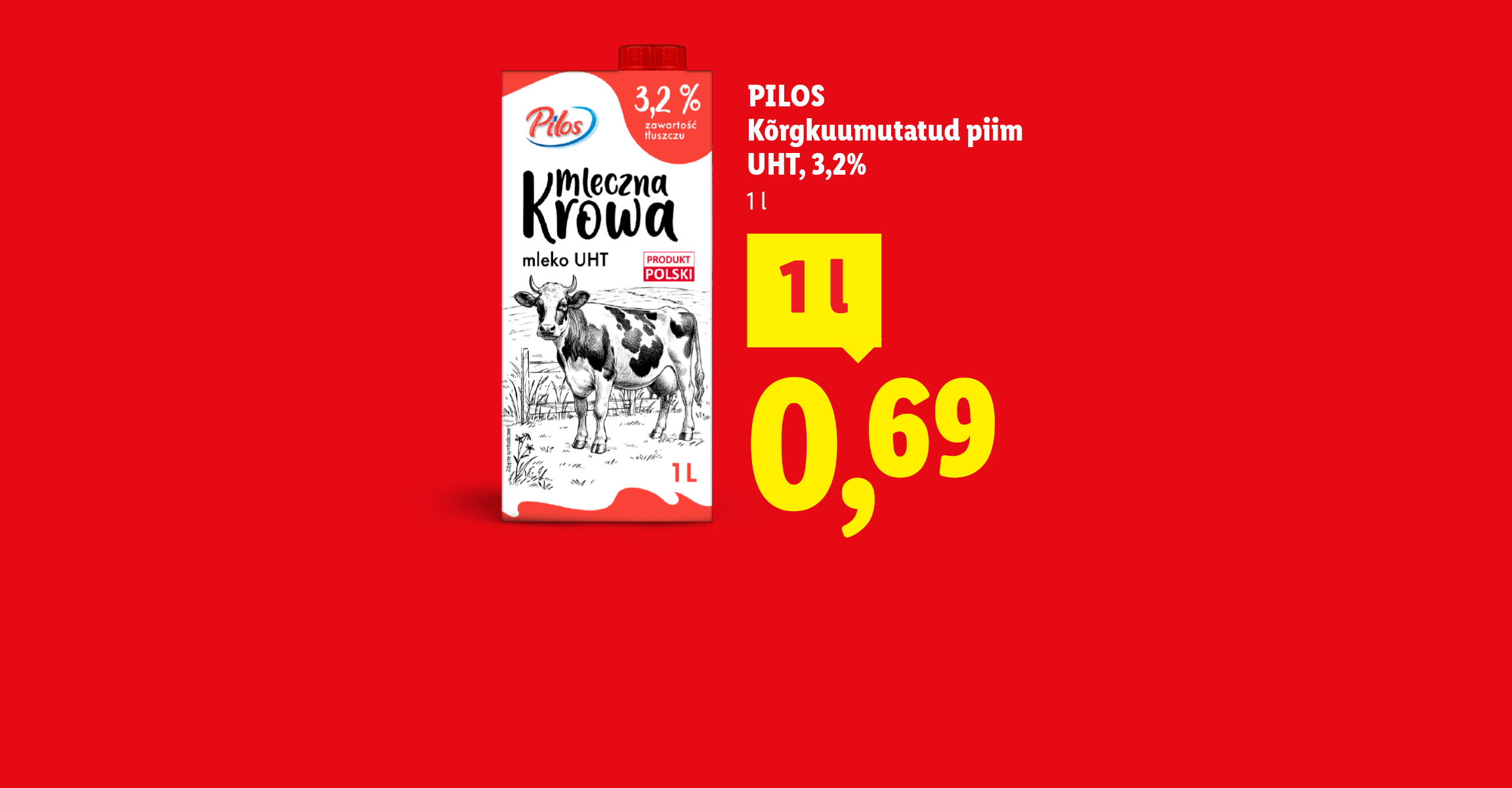 Punane reklaamplakat piima ja munadega, millel on näha hinnad ja tootekirjeldused.