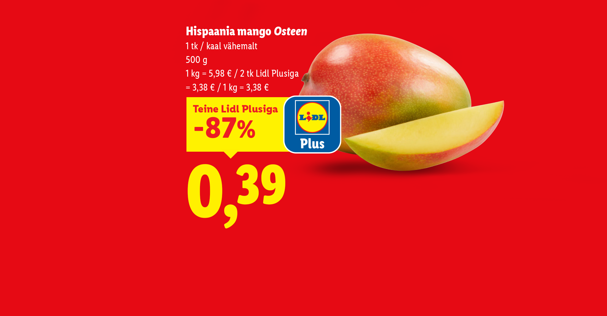 Sooduspakkumised mango ja jahvatatud kohviga punasel taustal.