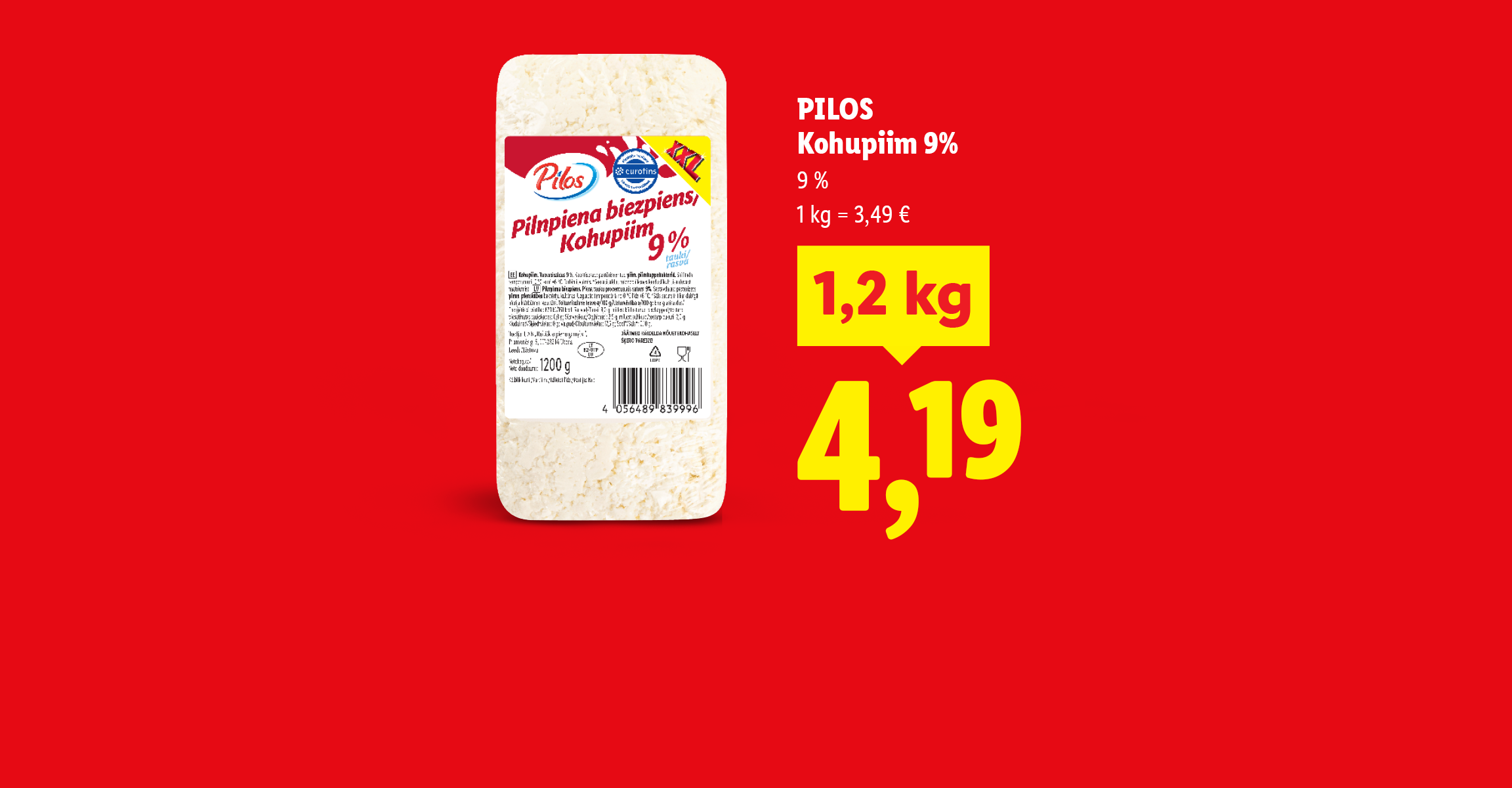 Tualettpaber ja kohupiim soodushinnaga punasel taustal.