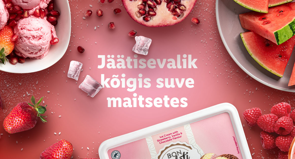 Maasika- ja vanillijäätis, arbuus ja vaarikad.