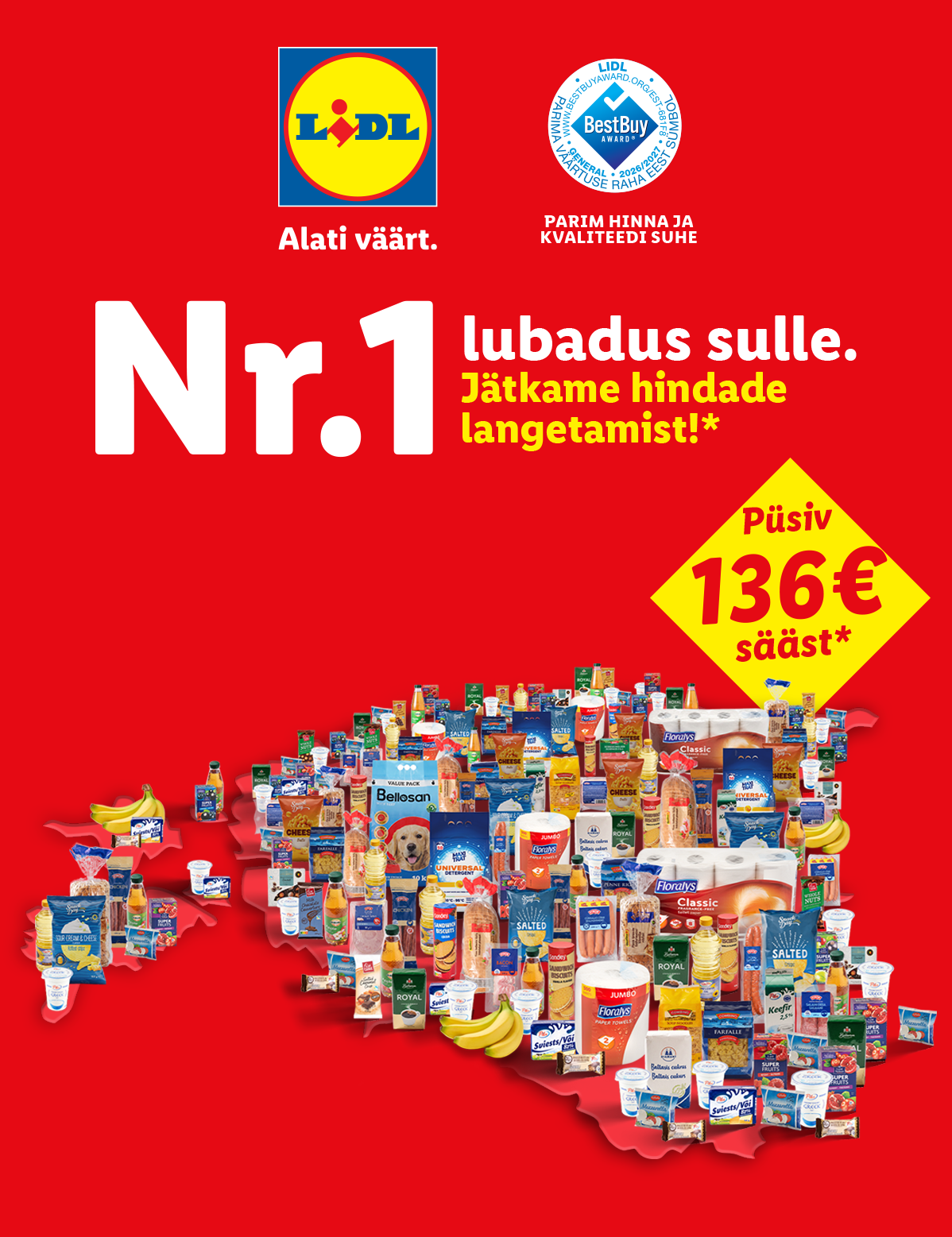 Lidl reklaam, mis näitab toidukaupade ja majapidamistarvete valikut, lubades püsivat 136€ säästu.