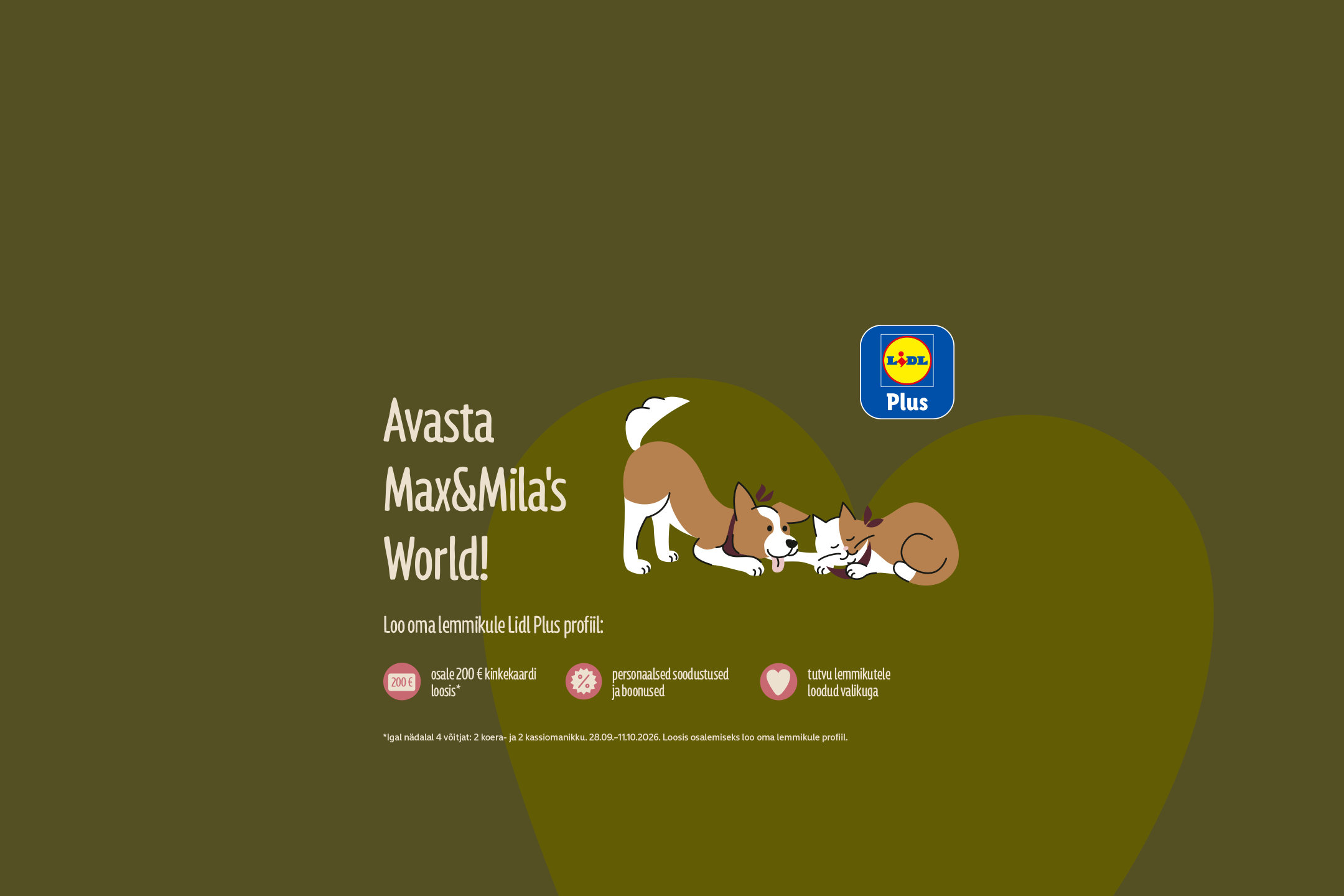 Koera ja kassiga bänner tekstiga 'Avasta Max&Mila's World!'.