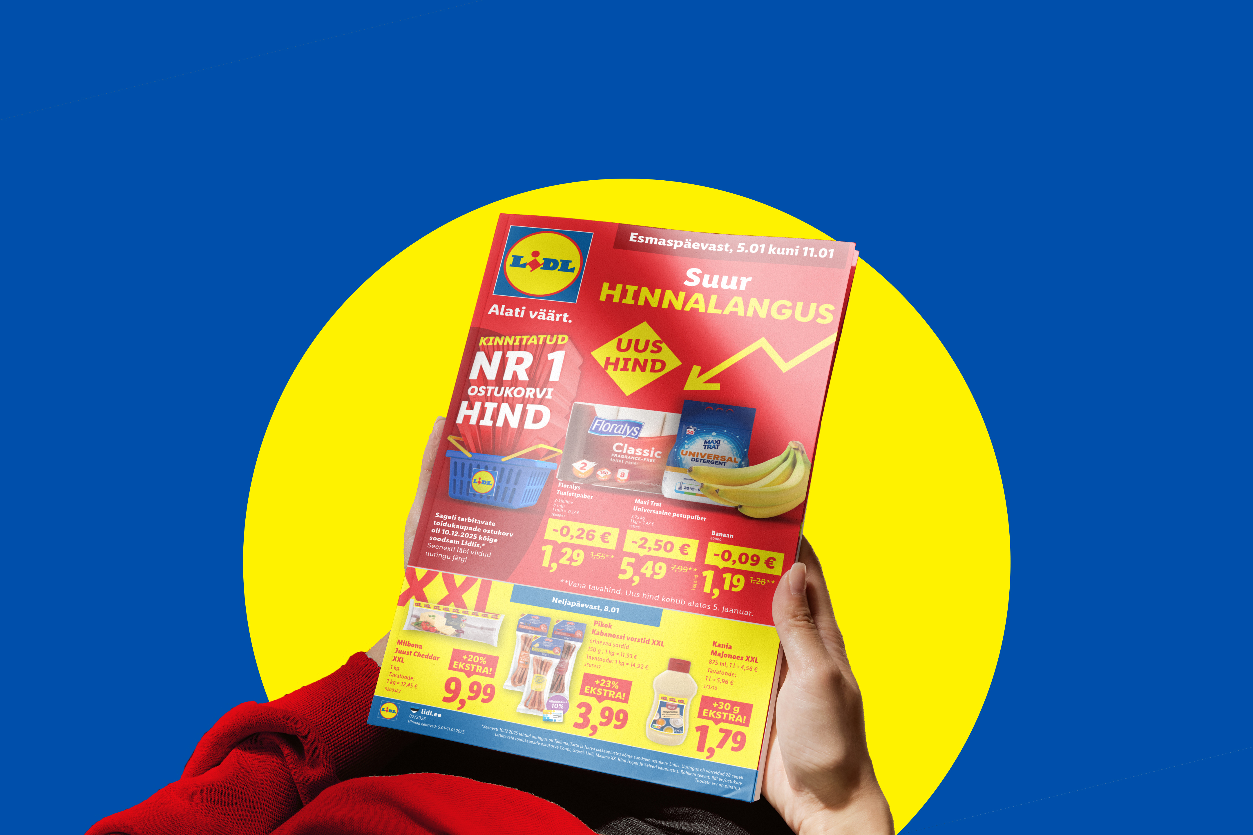 Käsi hoiab Lidli reklaamlehte toidukaupade, sh juustu, majoneesi ja banaanide pakkumistega.