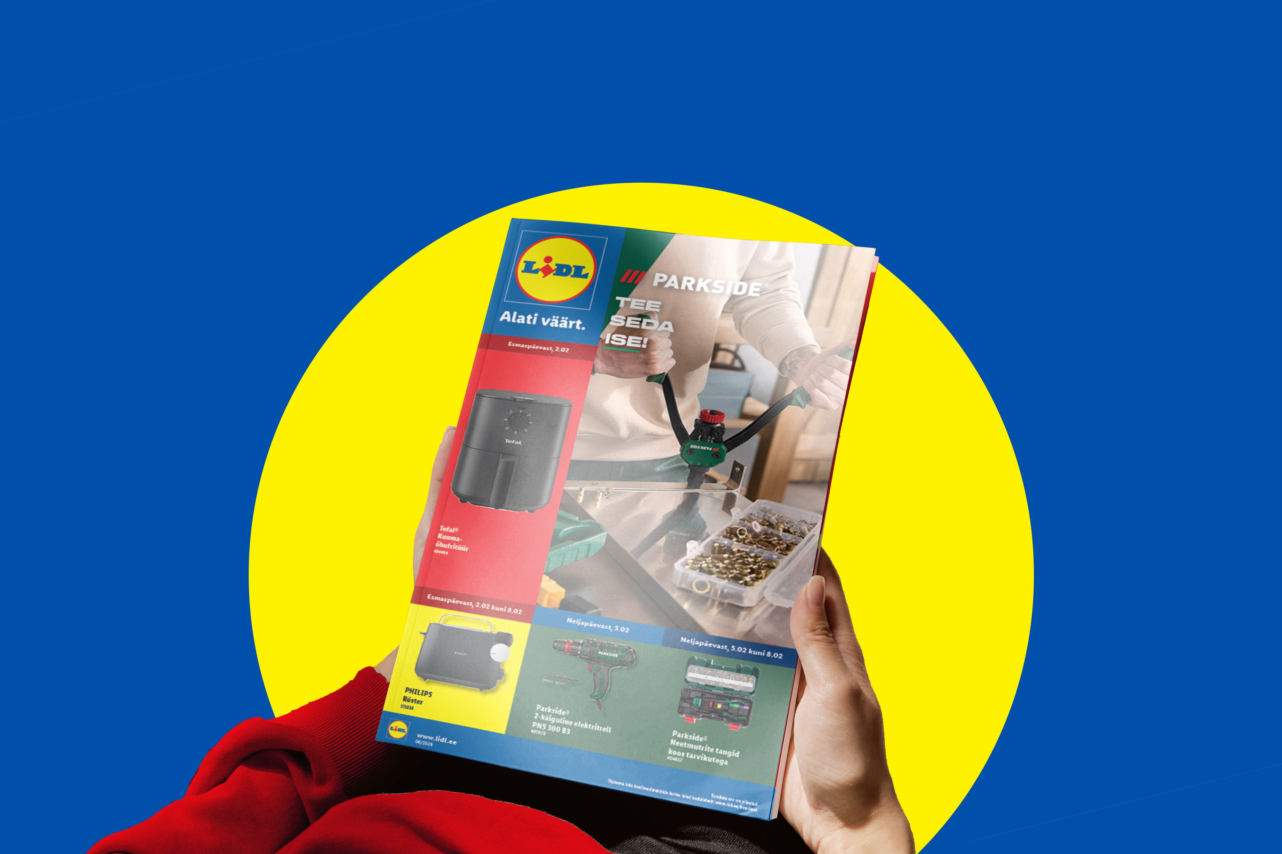 Lidli kataloog õhupraadija, rösteri ja tööriistadega, sinisel taustal kollase ringiga.