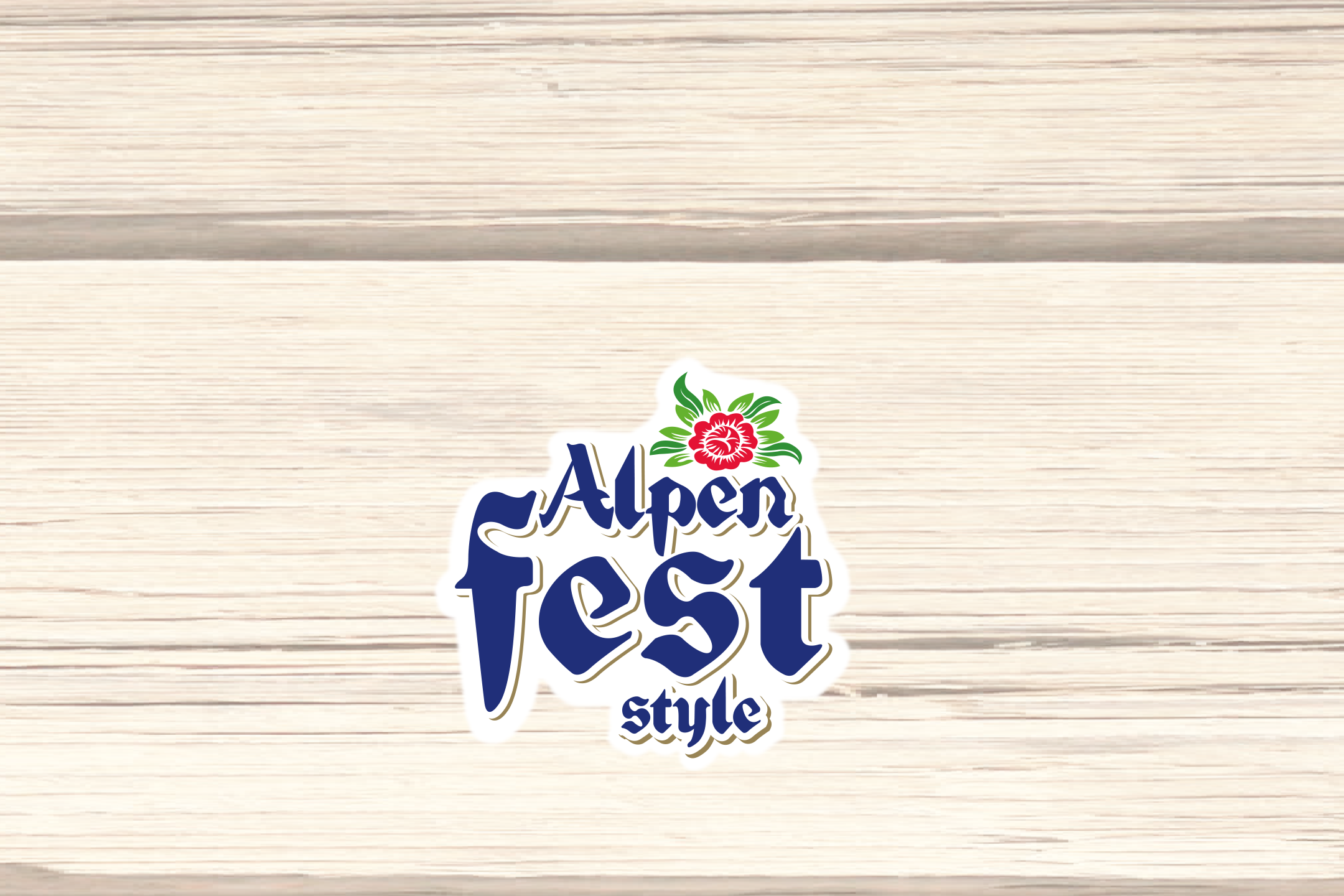 Alpen Festi stiilis logo punase lille ja roheliste lehtedega heledal puidust taustal.