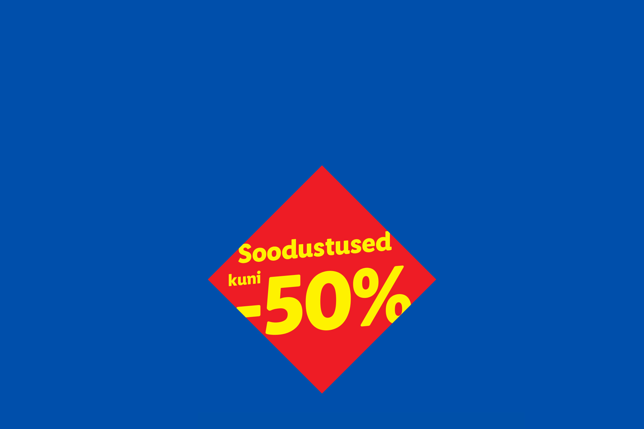 Soodustused kuni -50% sinisel taustal punasel rombil.