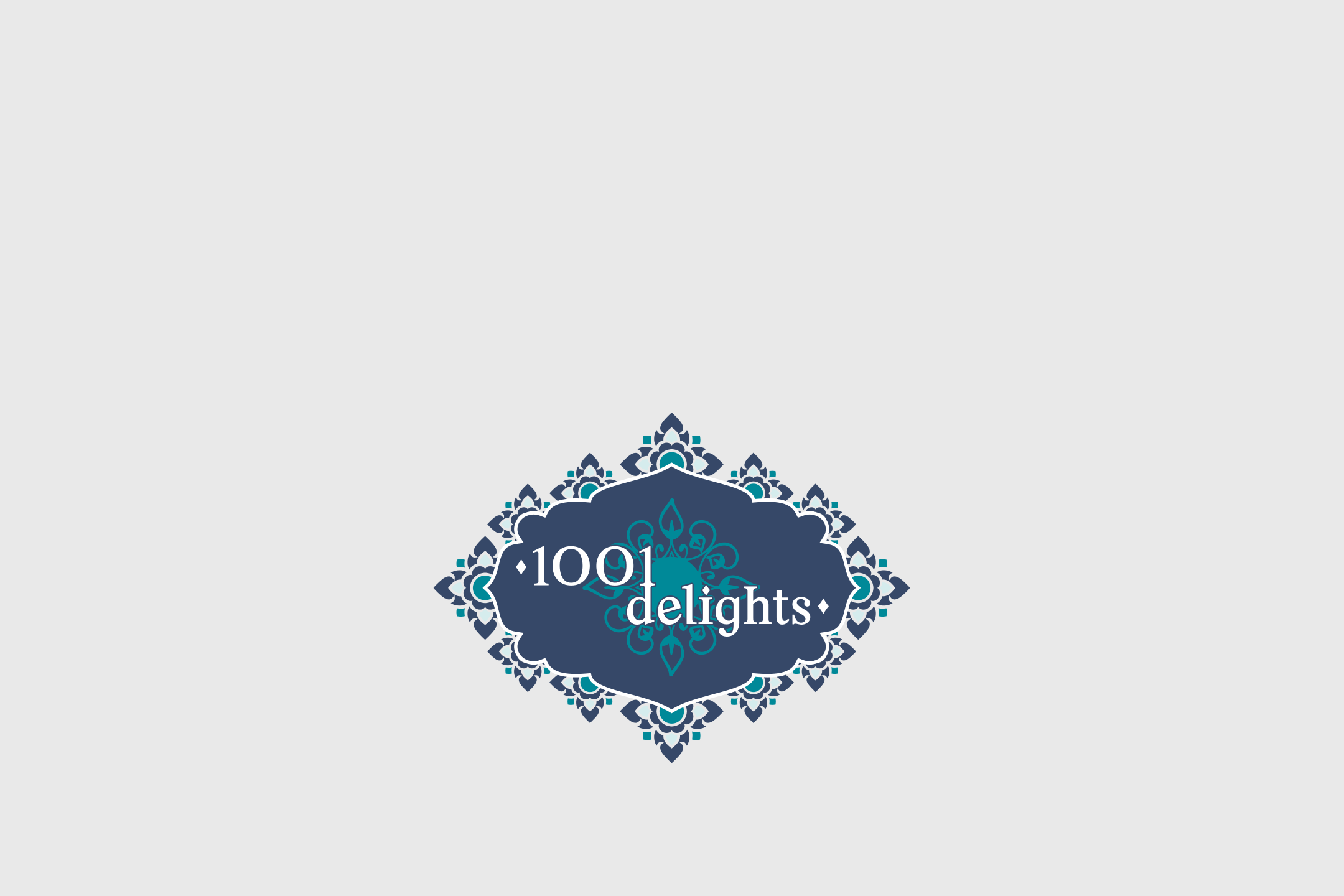 Idamaises stiilis logo „1001 delights“ siniste ja türkiissiniste mustritega.