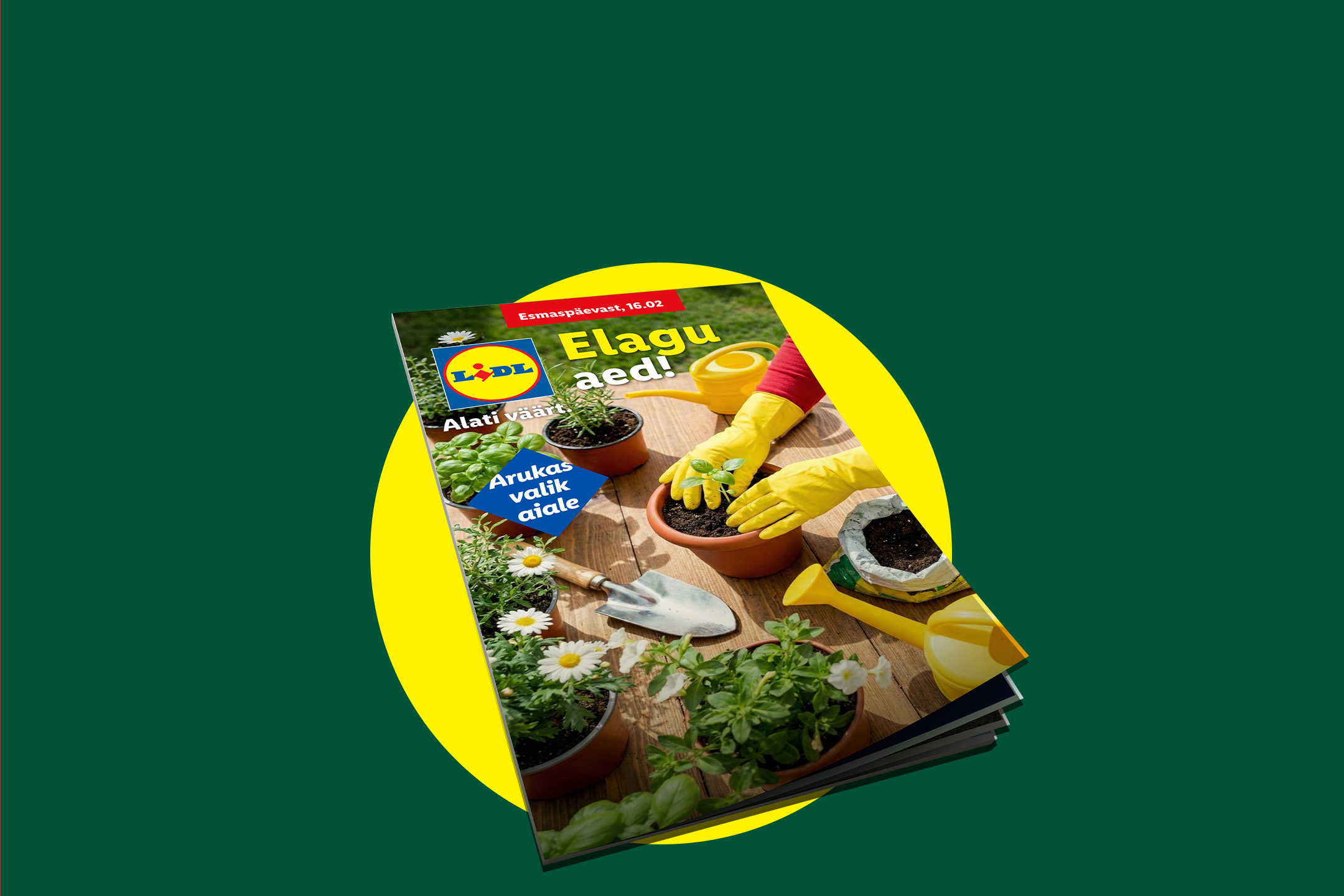 Ajakiri aiateemaga, kus on näha istutamist, lilli ja aiatööriistu. Tekst: 'Elagu aed!'
