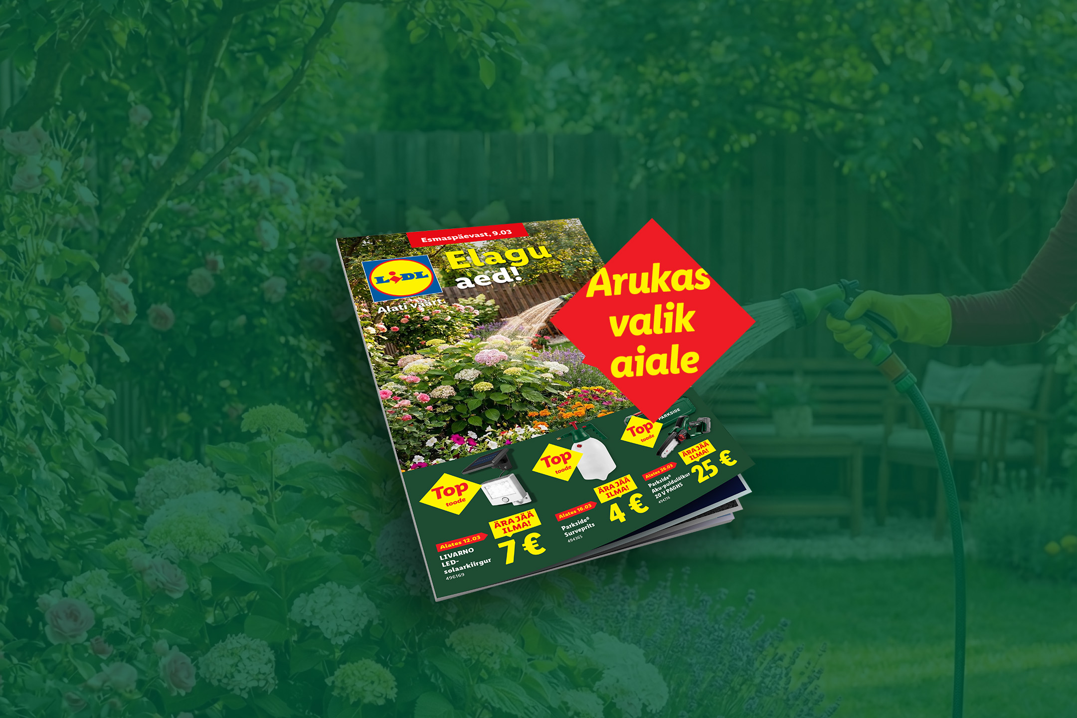 Aiareklaam, kus on esile tõstetud päikesevalgusti, survepihusti ja akupuidulõikur.