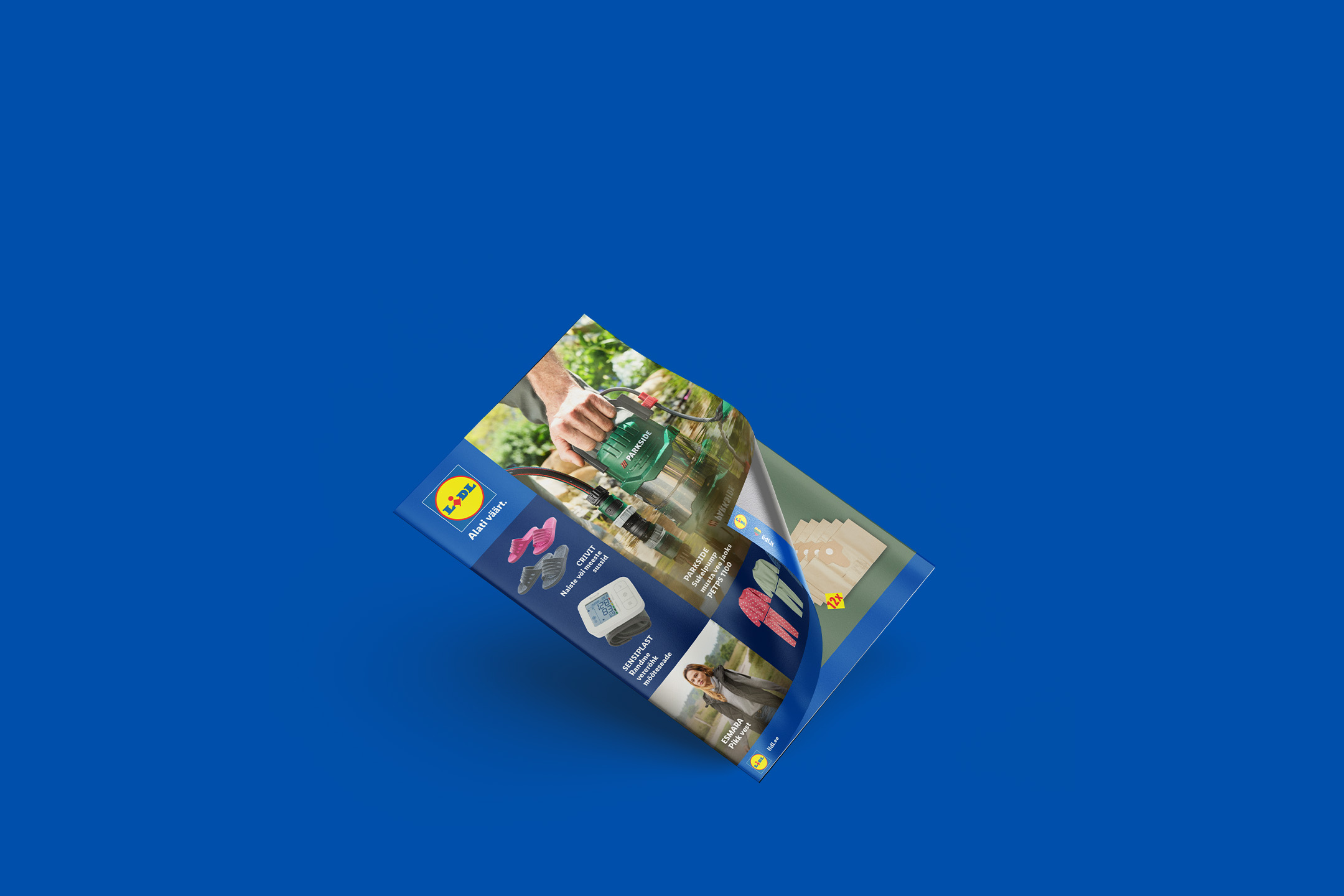 Журнал Lidl, представляющий садовые инструменты, тапочки, тонометр и одежду.
