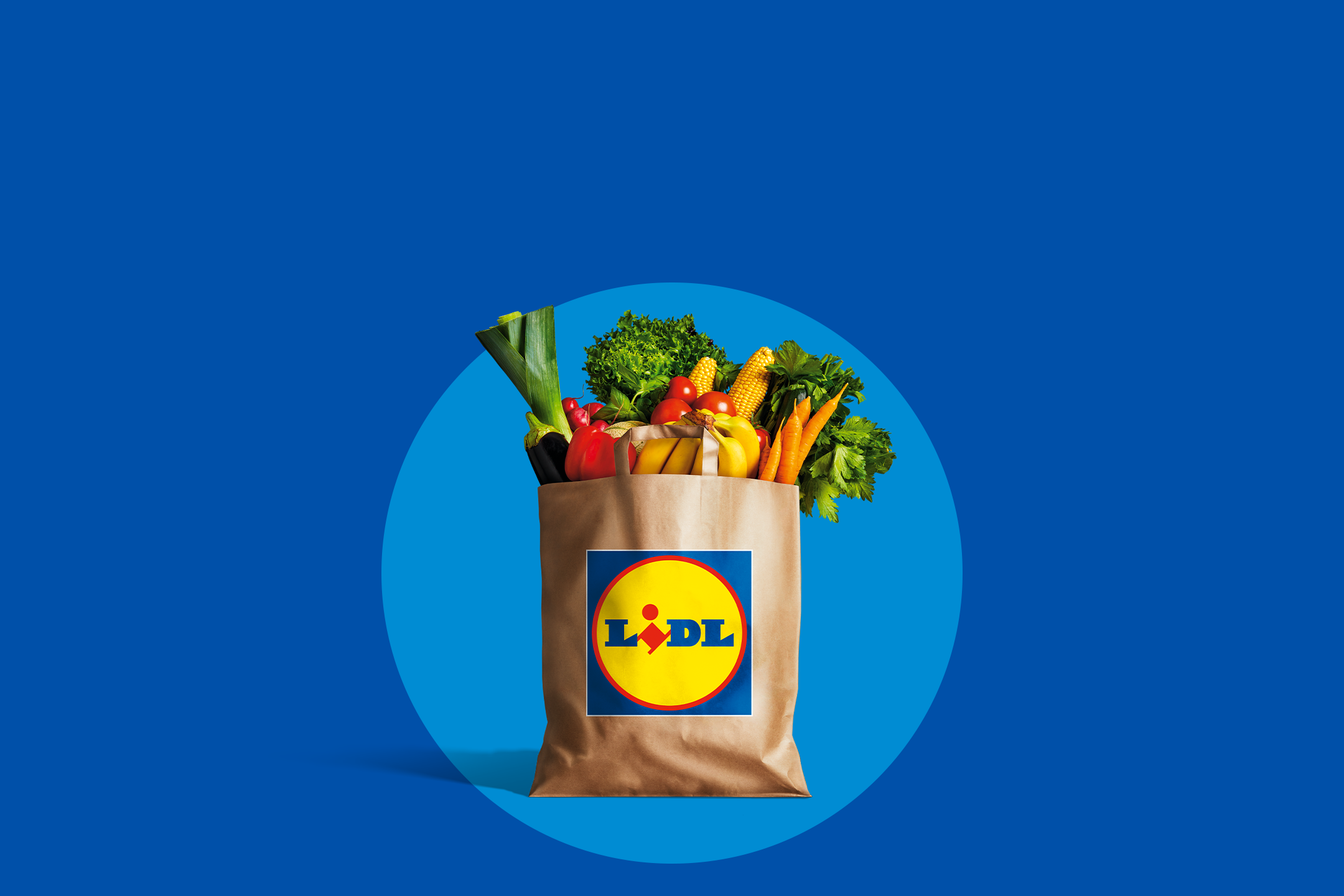 Бумажный пакет Lidl, наполненный свежими фруктами и овощами, на синем фоне.