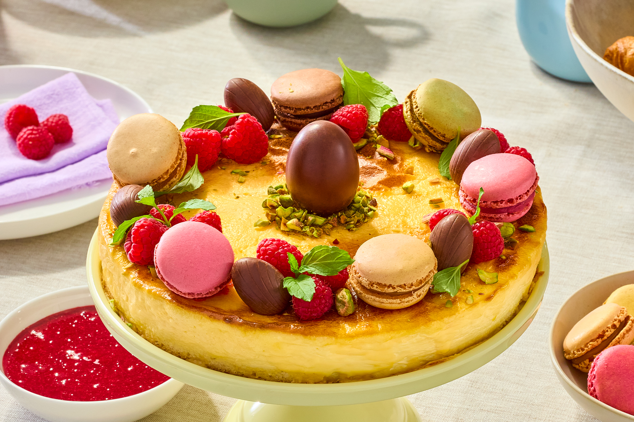 Juustukook makroonide, vaarikate, šokolaadimunade ja pistaatsiapähklitega koogialusel.